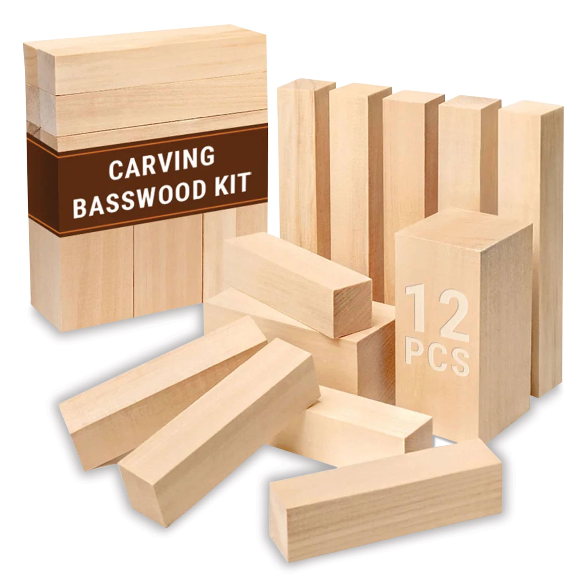 BeaverCraft Basswood Carving Block Set - Pkg of 12, Assorted Sizes contents with front of packaging