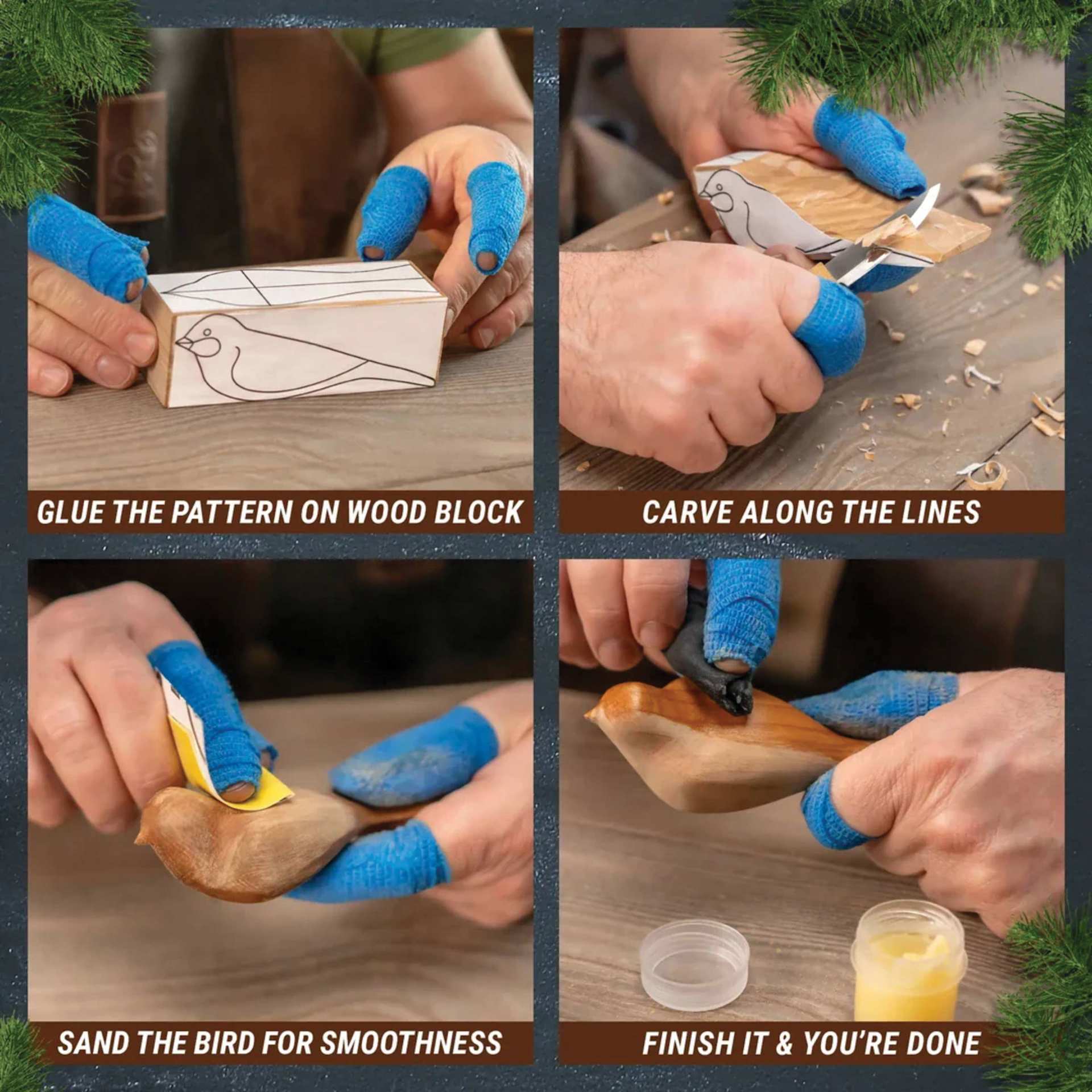 Glue The Pattern On Wood Block, Carve Along The Lines, Sand The Bird For Smoothness, Finish It and You're Done