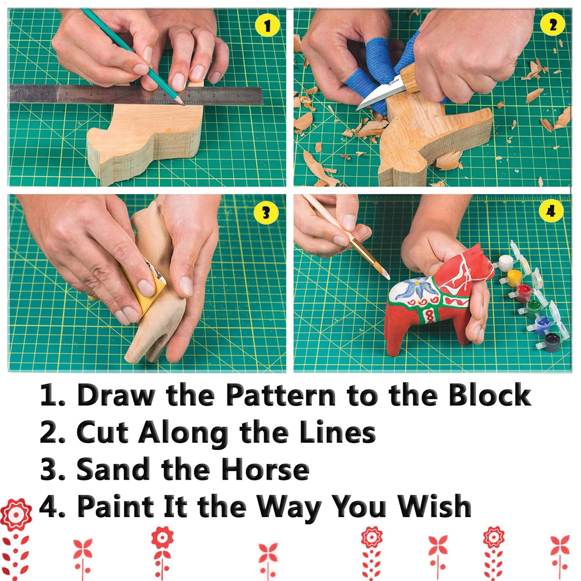 Draw the Pattern to the Block, Cut Along the Lines, Sand the Horse, Paint It the Way You Wish