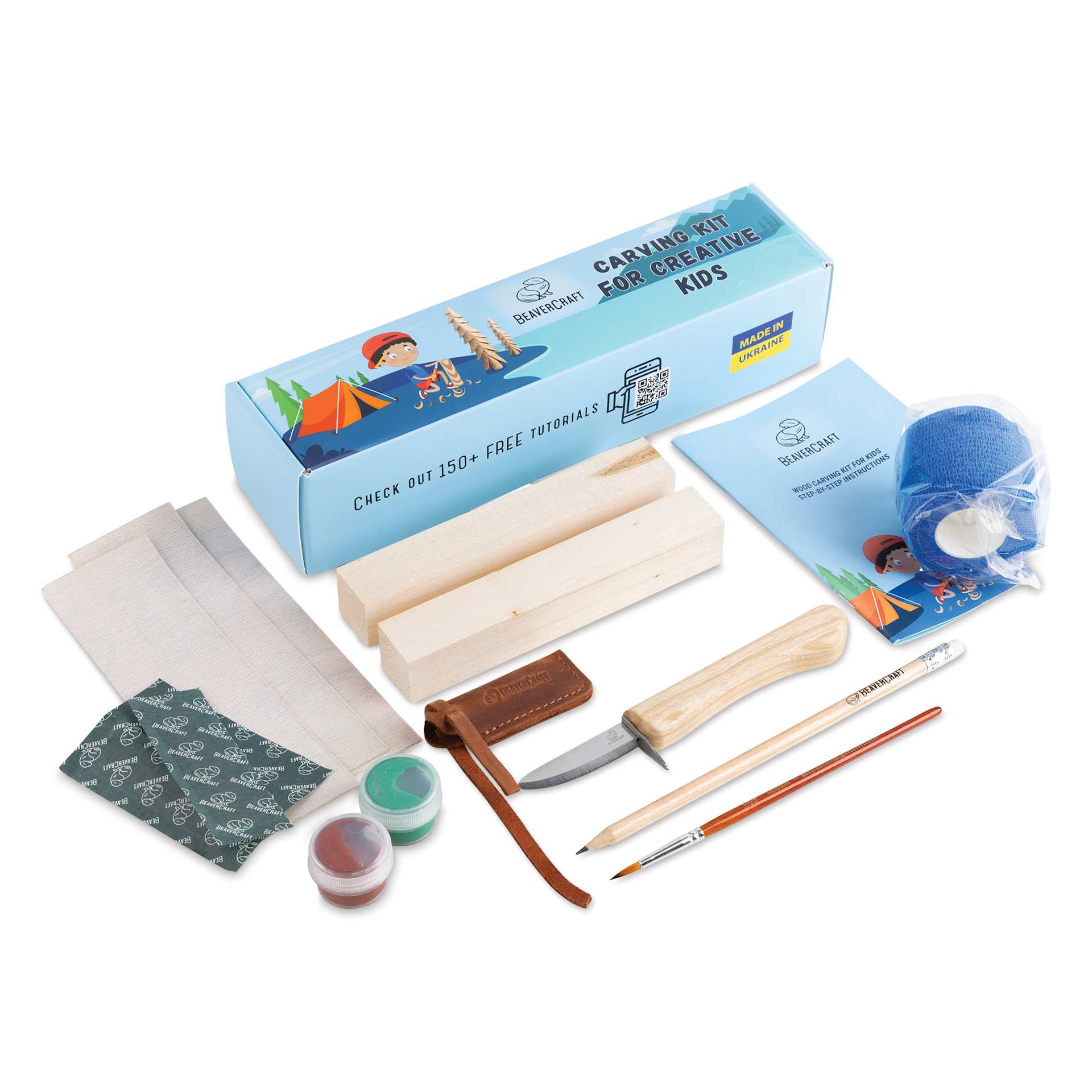 BeaverCraft Creative Kids Spruce Tree Carving Kit contents