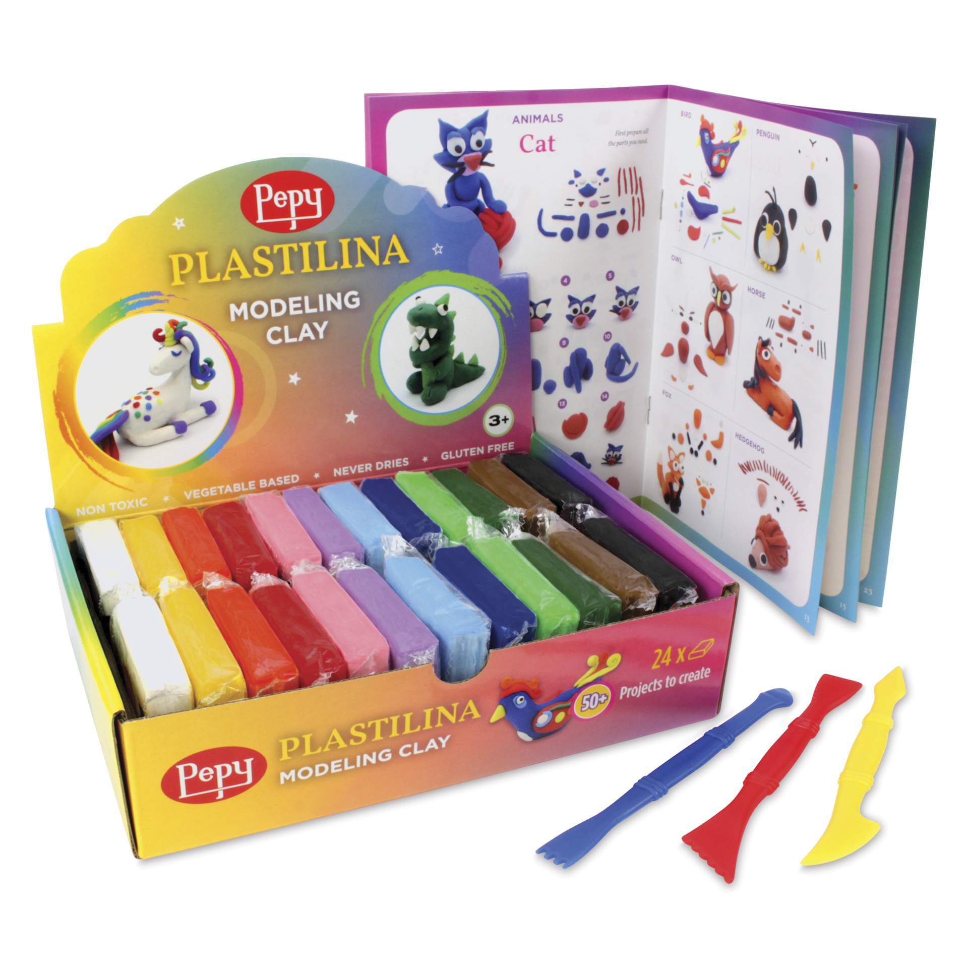 Pepy Plastilina Modeling Clay - Assorted Colors, 1.4 oz, Pkg of 24 w/ Tutorial Book and Tools