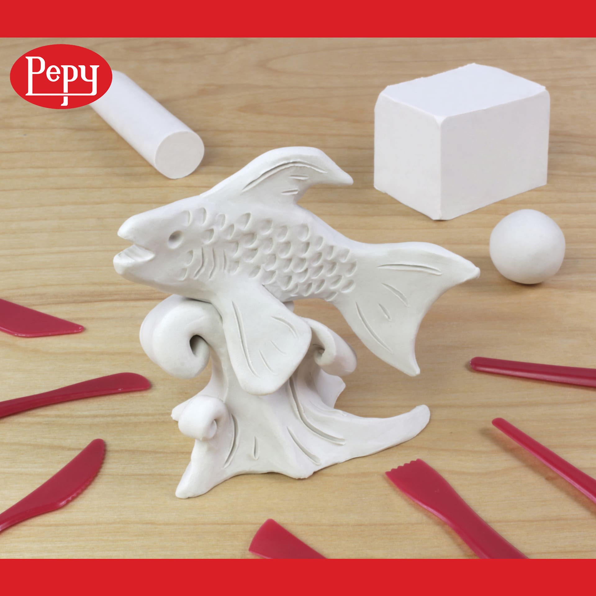 Pepy Plasticine Mineral Based Clay - White - finished fish sculpture example