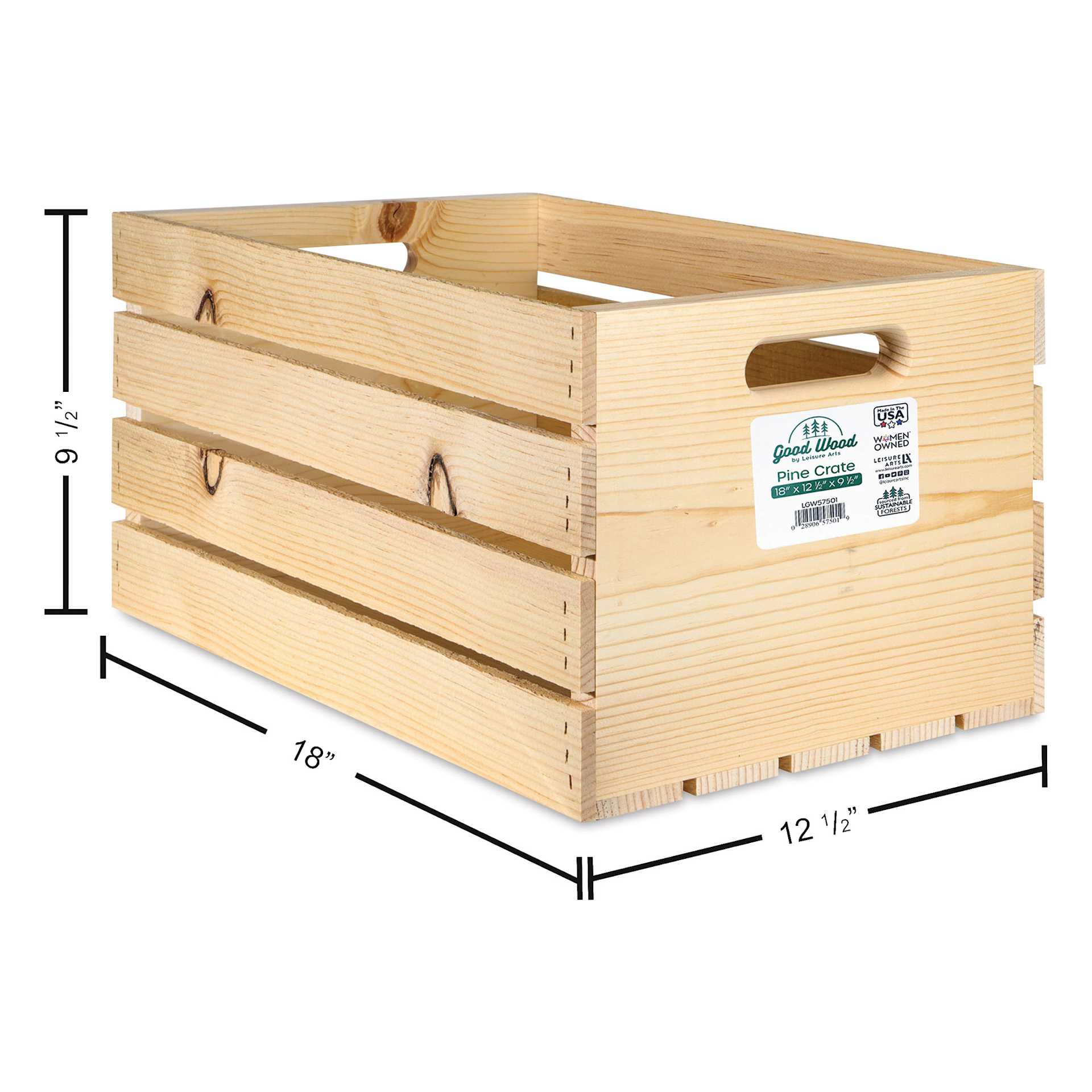 Good Wood by Leisure Arts Pine Crate - Unfinished, displaying measurements