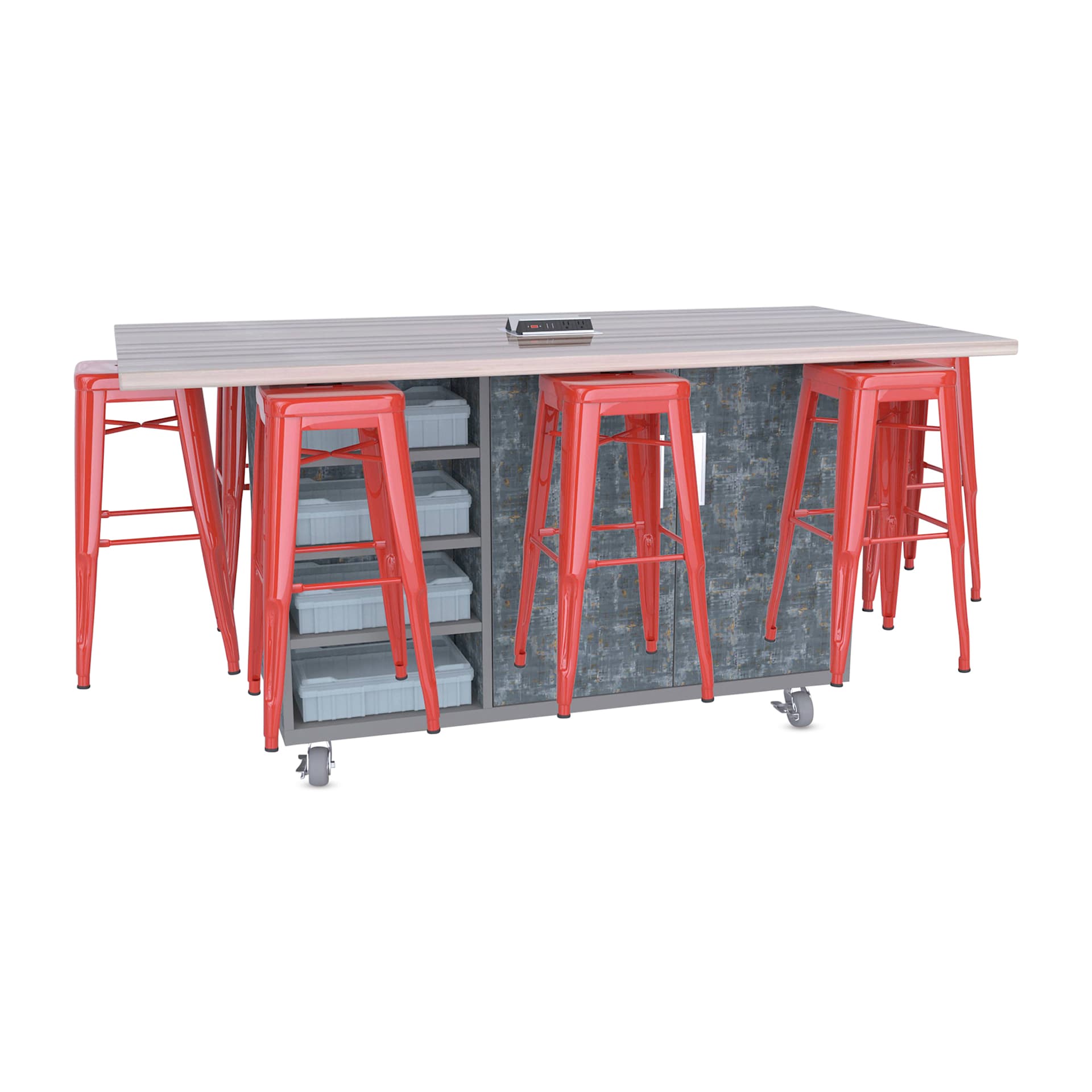 CEF Ed8 Work Table with Stools, 42"H table with red stools and Paint Scrape Steel finish.