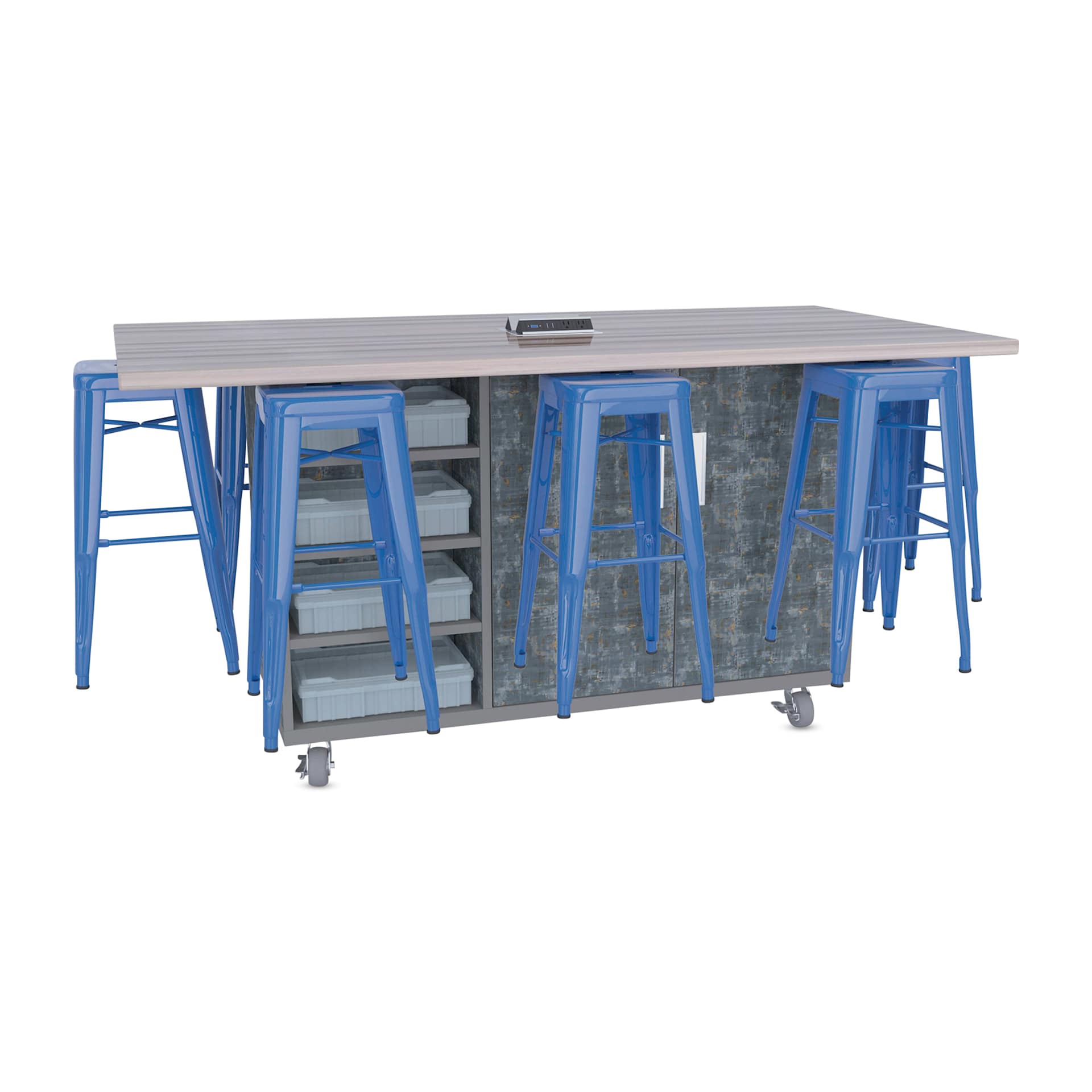 CEF Ed8 Work Table with Stools, 42"H table with royal blue stools and Paint Scrape Steel finish.