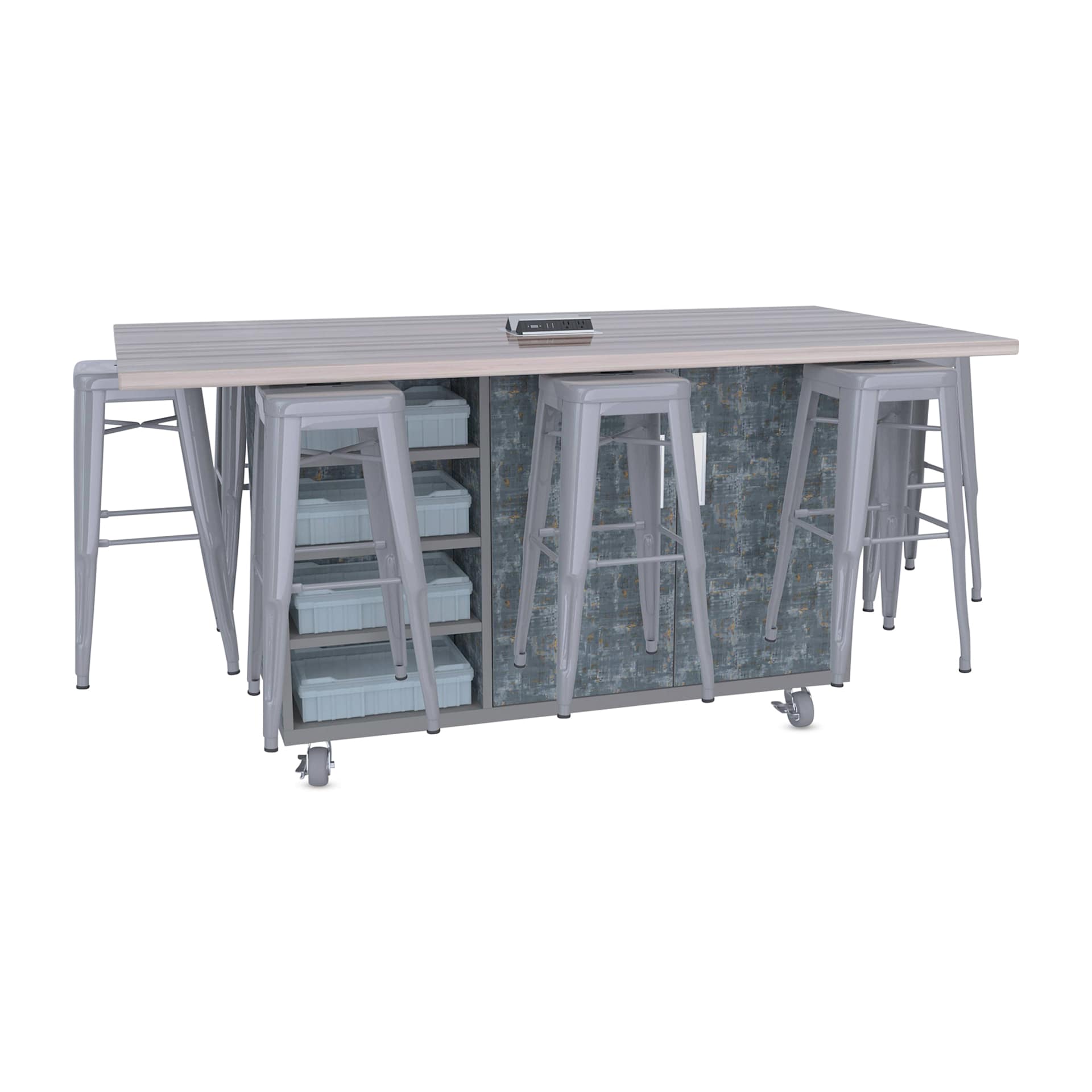 CEF Ed8 Work Table with Stools, 36"H table with silver stools and Paint Scrape Steel finish.