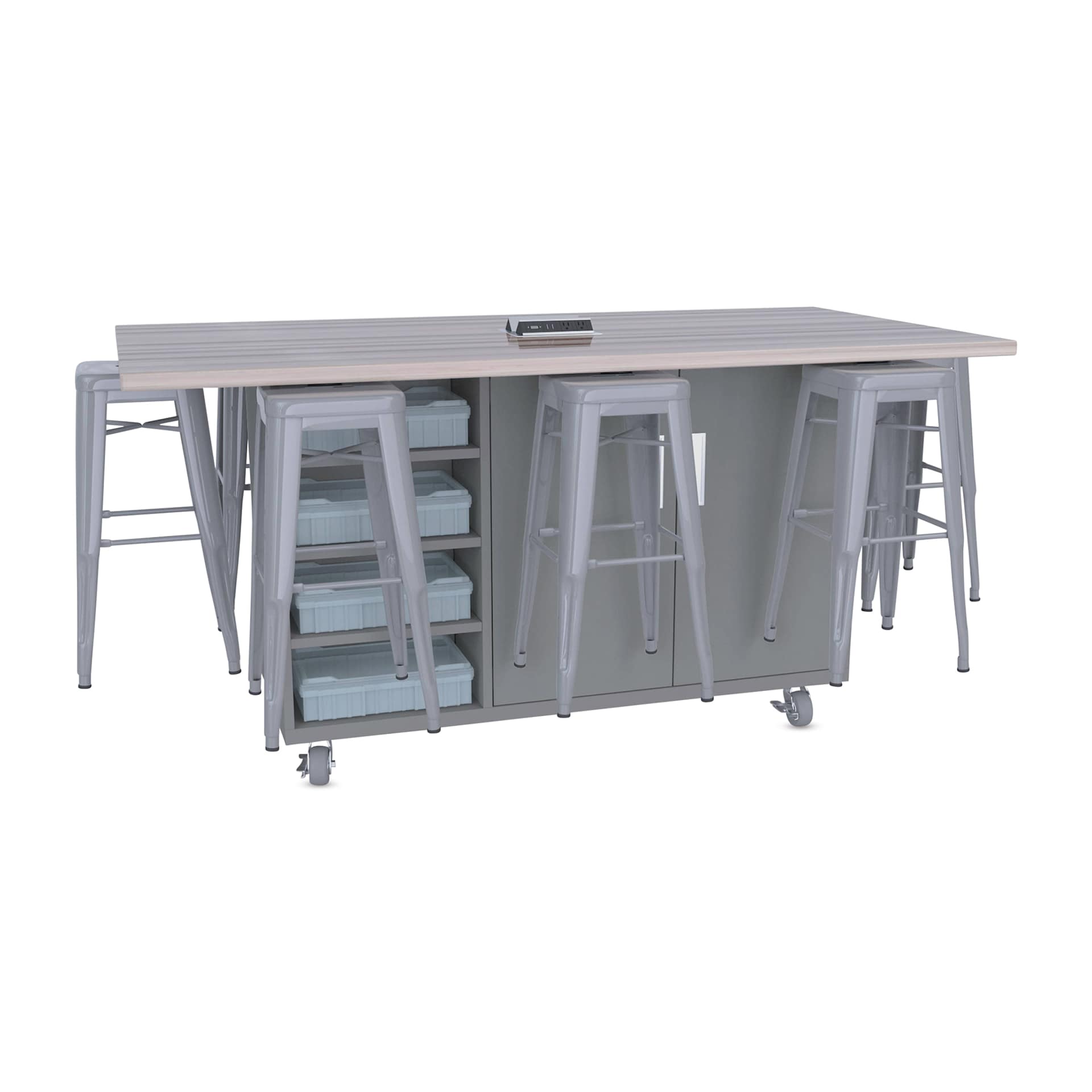 CEF Ed8 Work Table with Stools, 36"H table with silver stools and Northsea Grey finish.