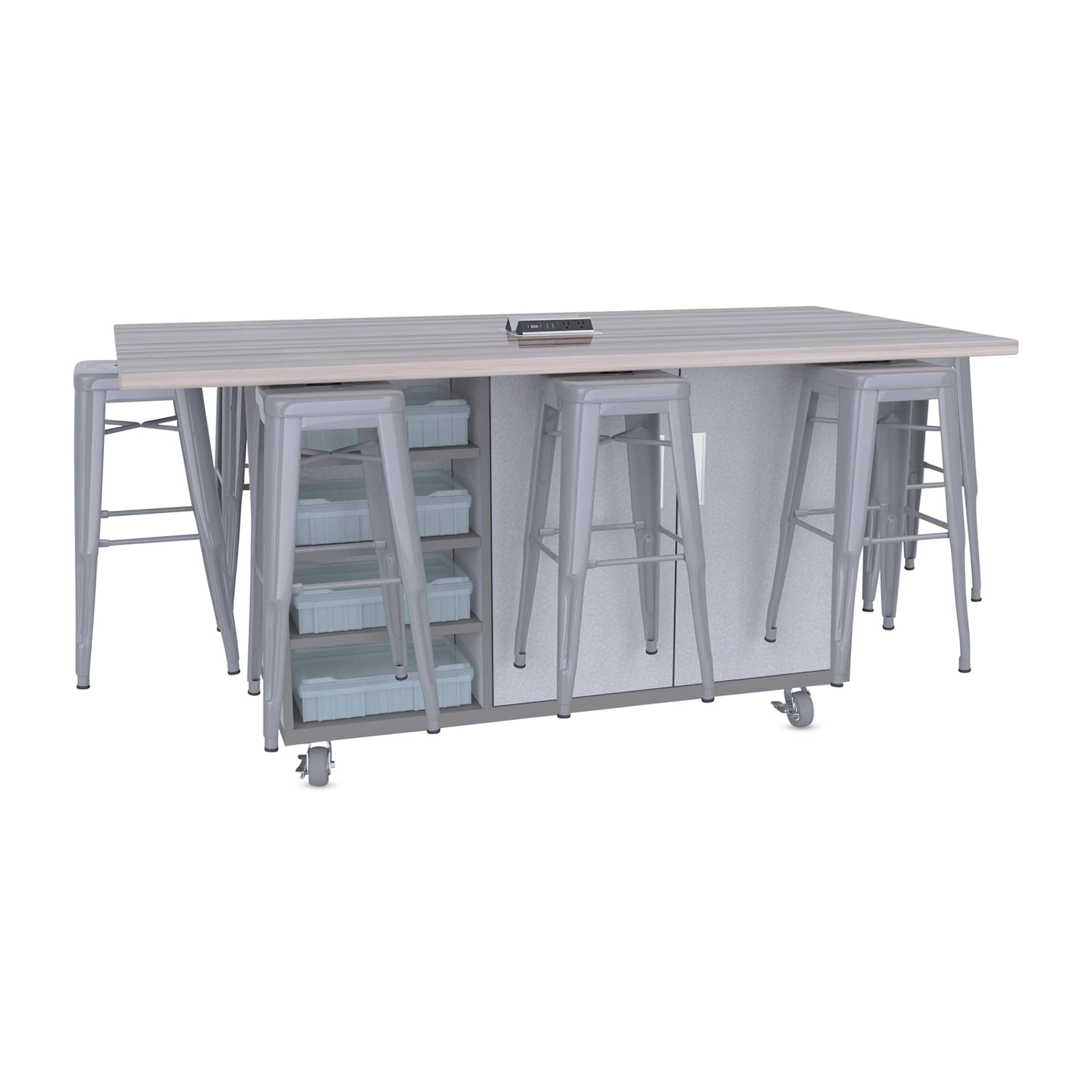 CEF Ed8 Work Table with Stools, 36"H table with silver stools and Folkstone Hex finish.