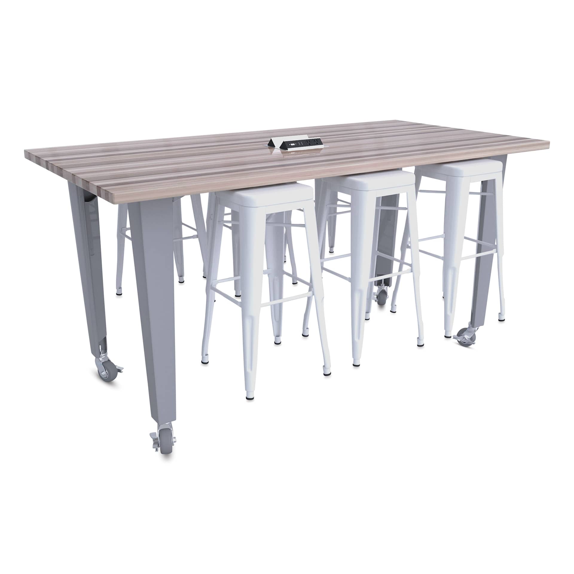 CEF Idea Island Work Table, 34" high with 6 white stools. 