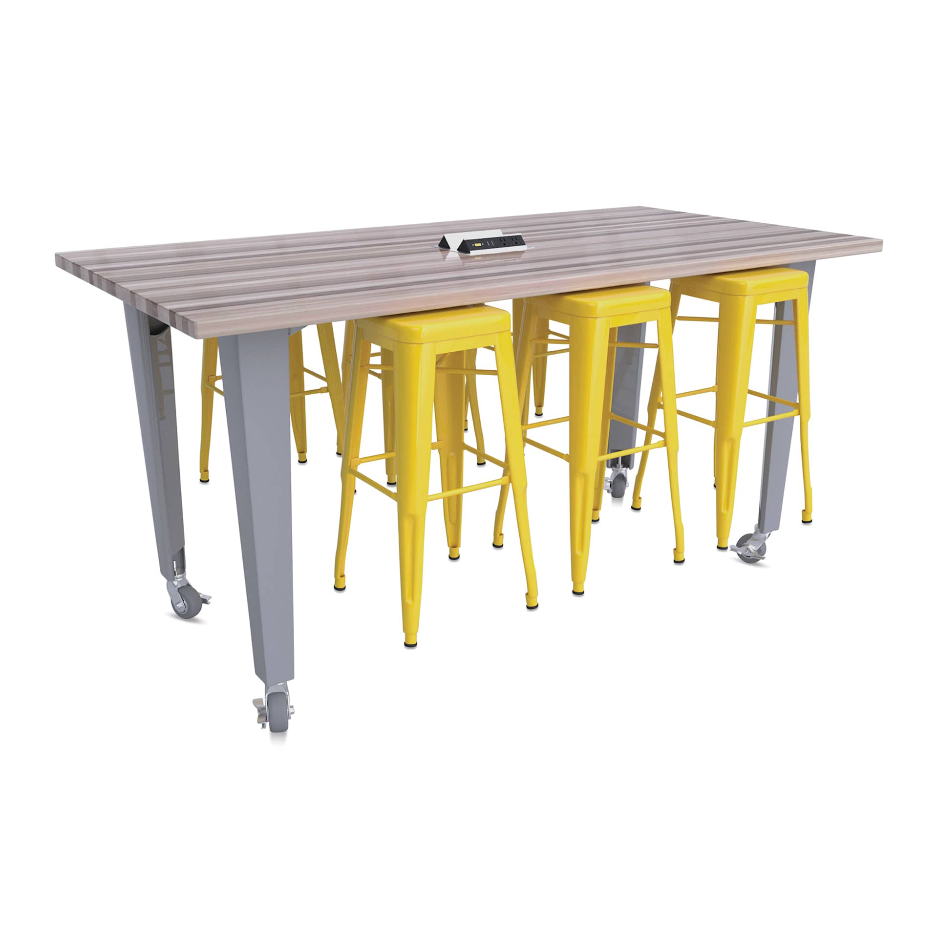 CEF Idea Island Work Table, 34" high with 6 yellow stools. 