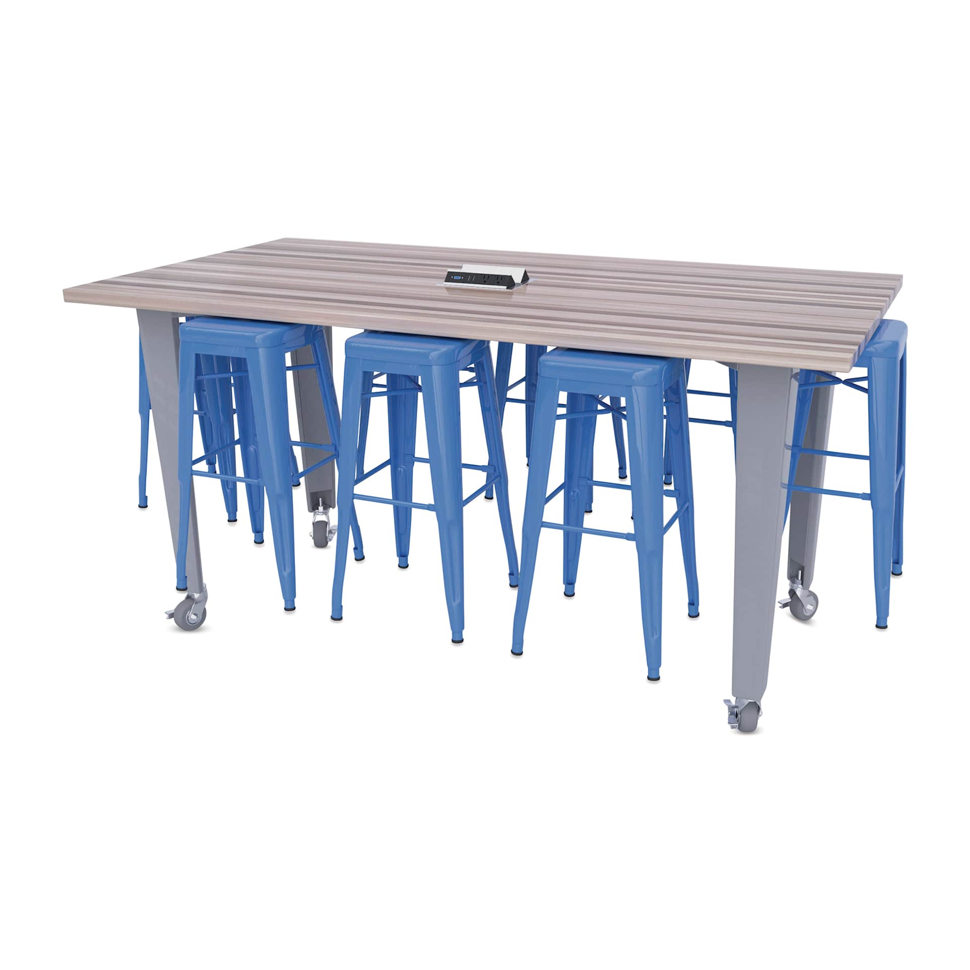 CEF Idea Island Work Table, 34" high with 8 royal blue stools. 