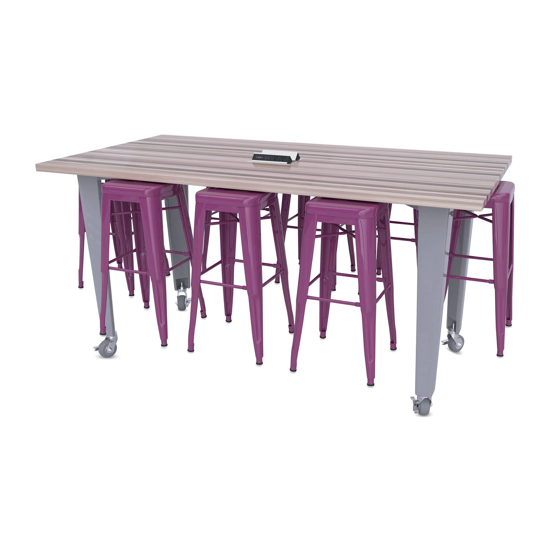 CEF Idea Island Work Table, 34" high with 8 purple stools. 