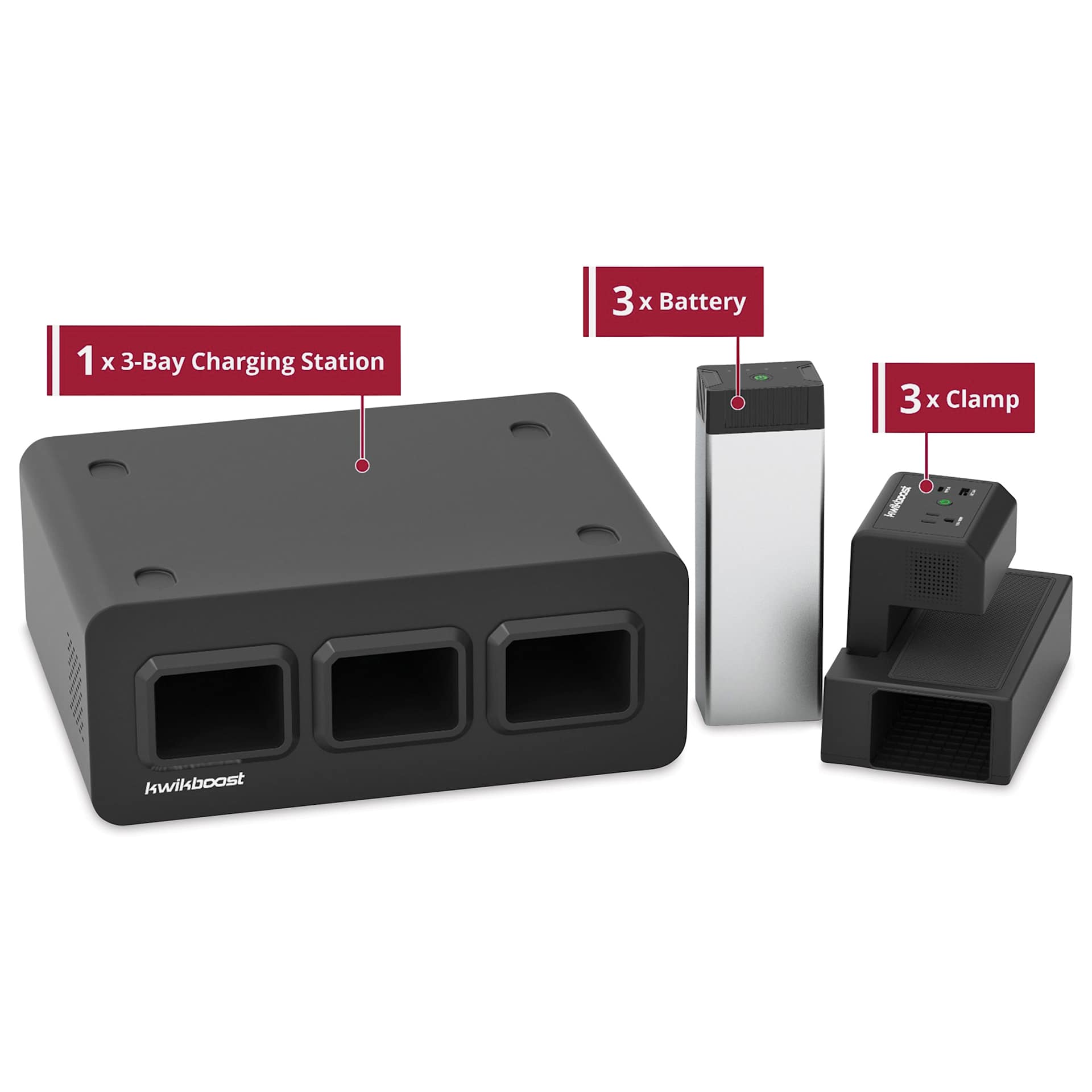 KwikBoost EdgePower Desktop Charging Station System - Light Use Set, components laid out. 