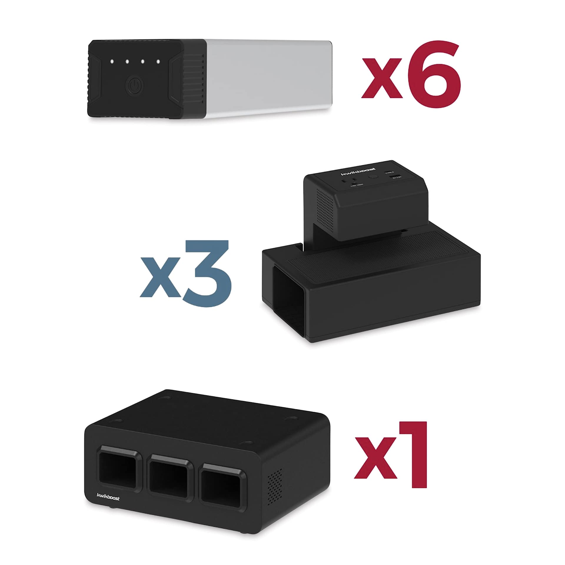 KwikBoost EdgePower Desktop Charging Station System - Medium Use Set, quantities of components.