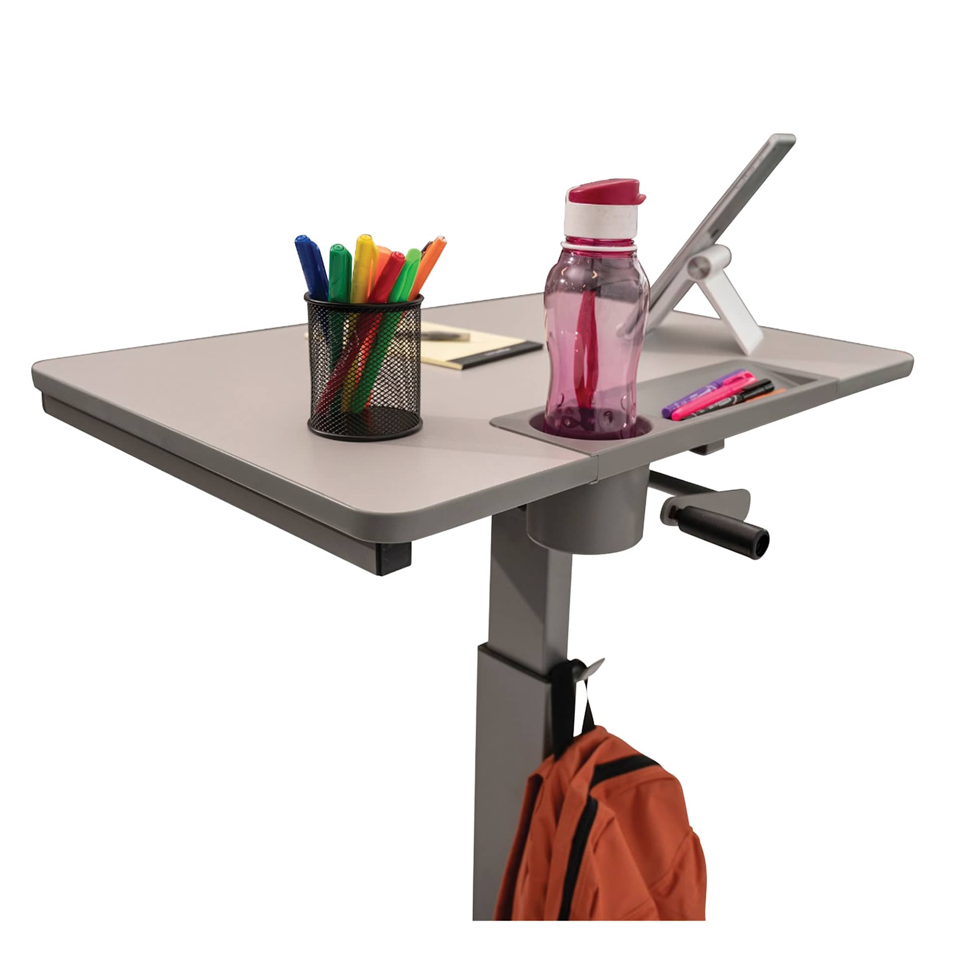 Luxor Student C Sit Stand Desk with Crank Handle, demonstration of the desk being used. 