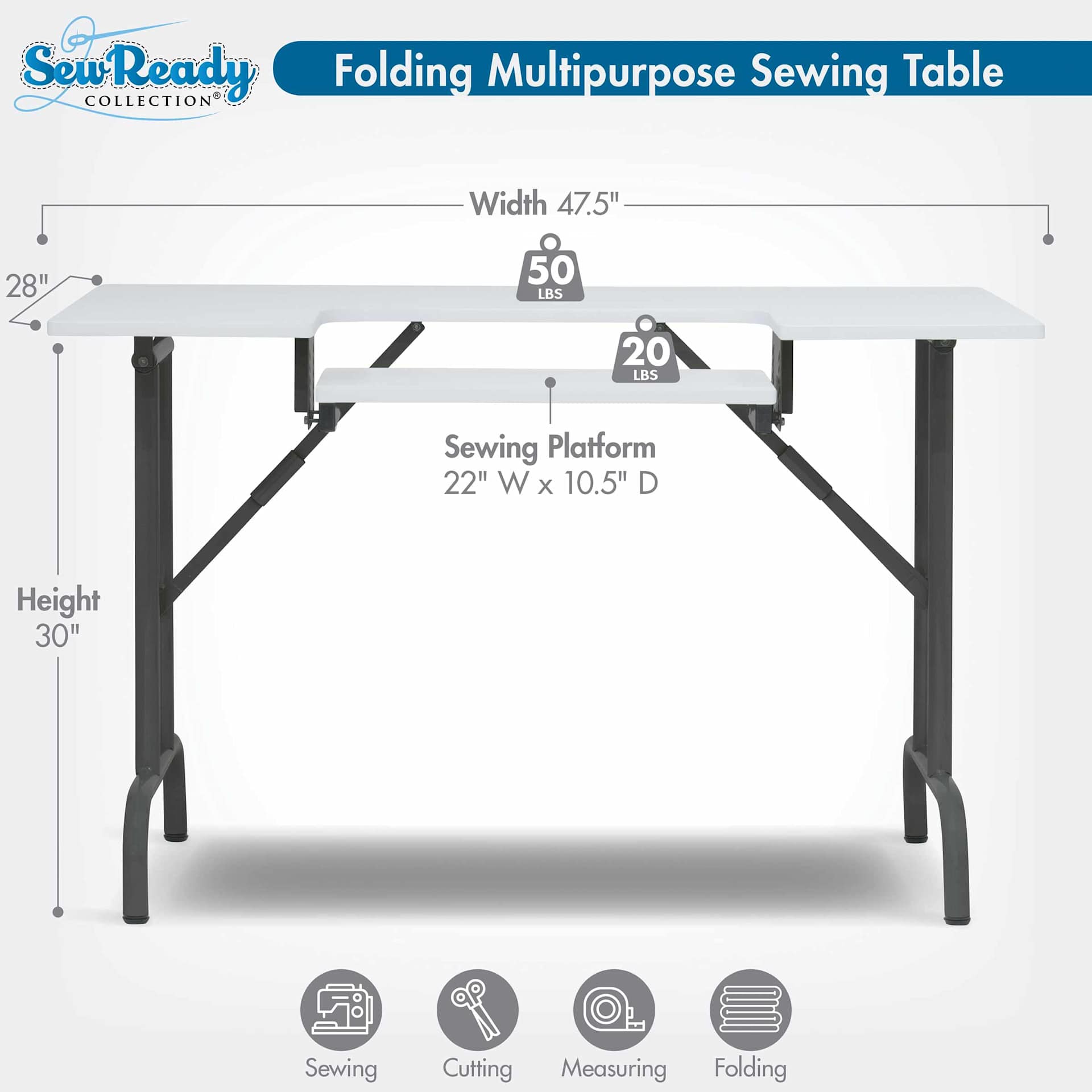 Folding multipurpose sewing table. Width 47.5", depth 28", height 30", sewing platform 22"W x 10.5"D.