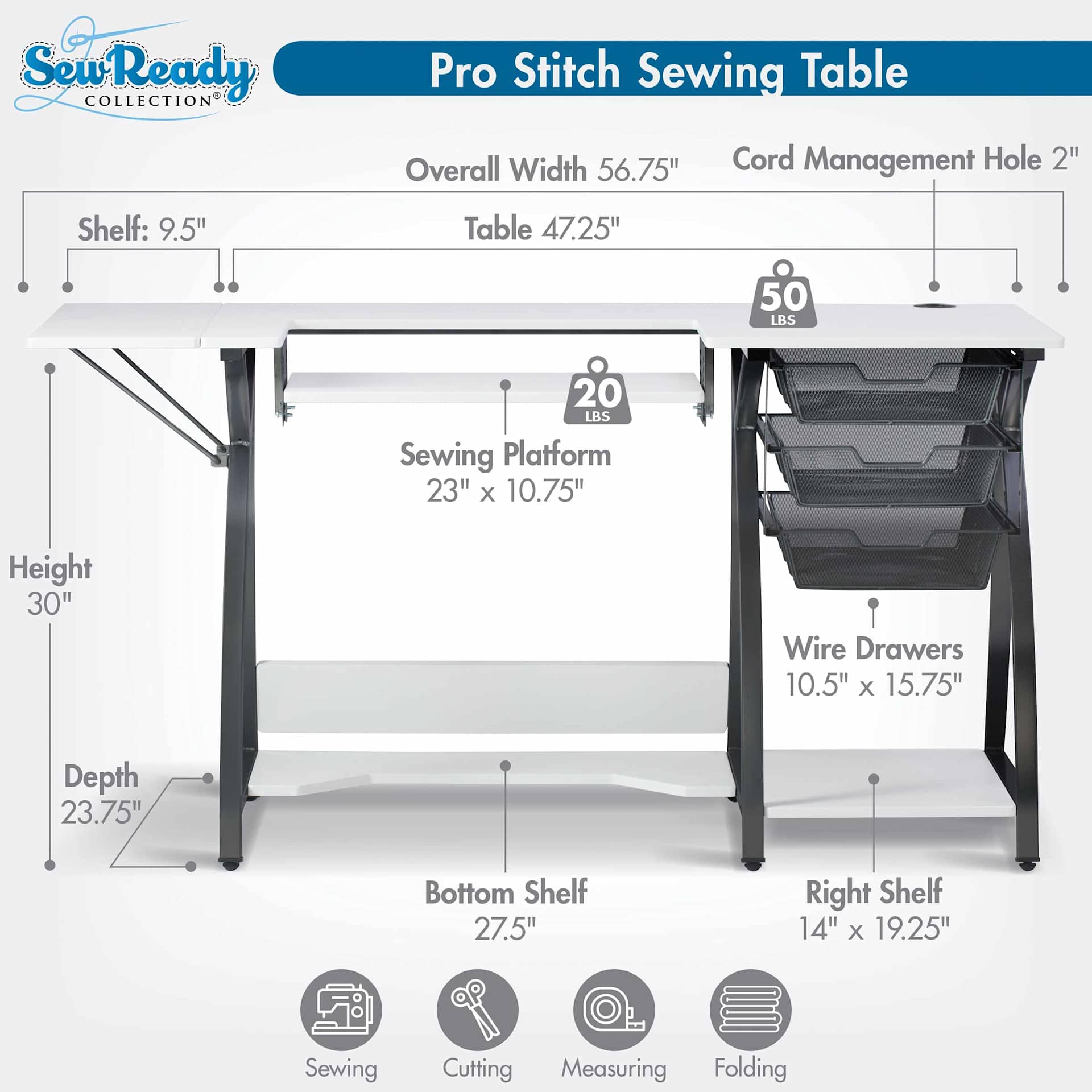 Studio Designs Pro Stitch Sewing Table - Charcoal/White, dimensions