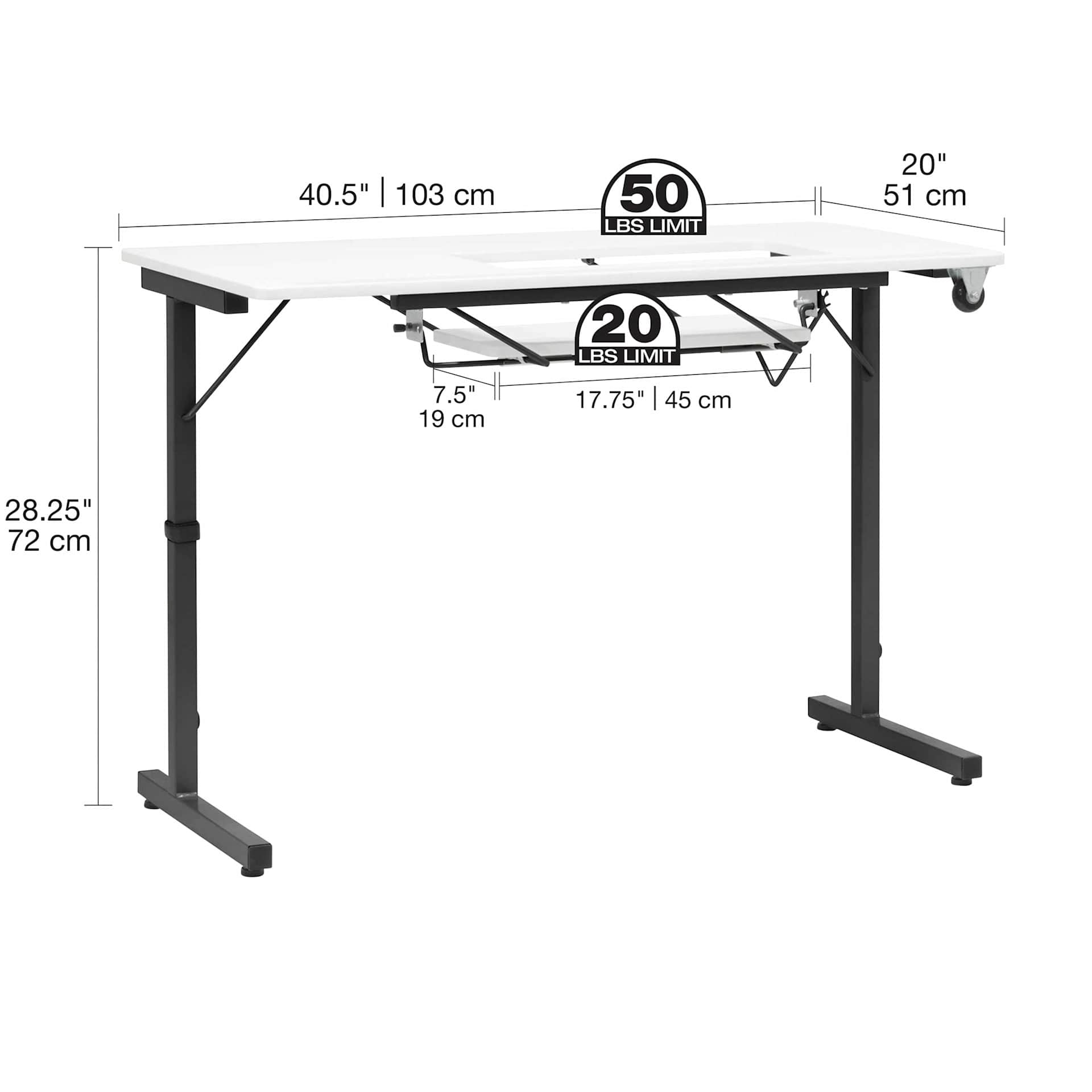 Studio Designs Rollaway II Sewing Table - Black/White - dimensions