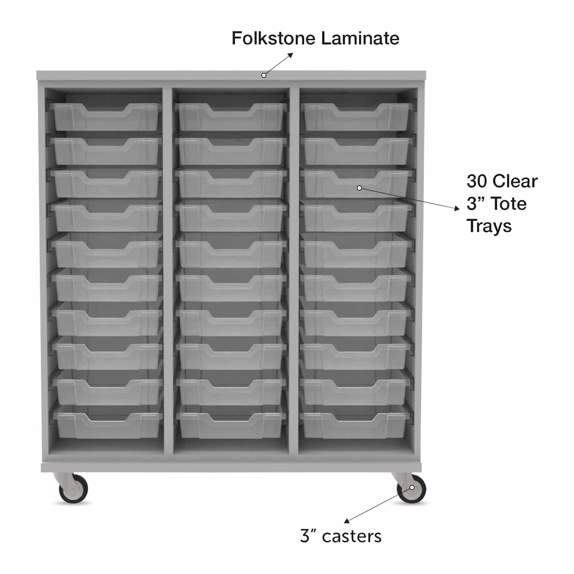 WB Mfg Tote Storage Cabinet - Folkstone Gray Laminate, 30 Clear Totes, 3" casters