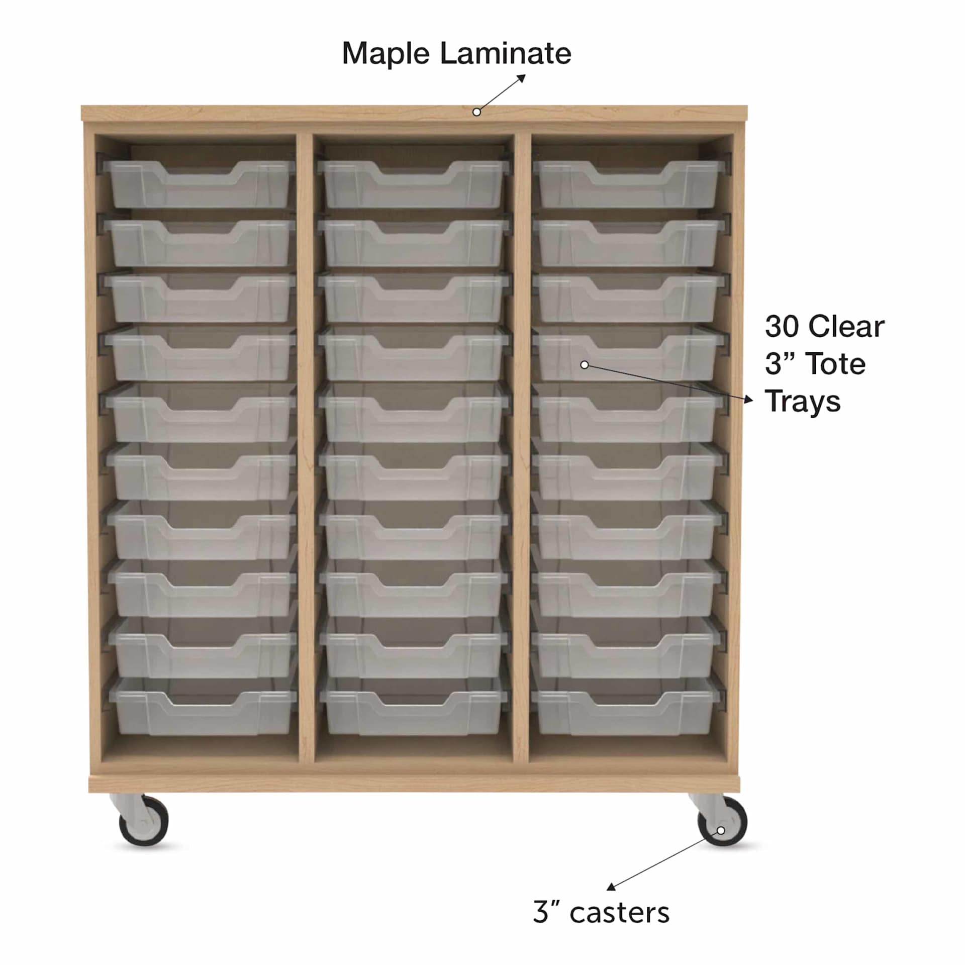 WB Mfg Tote Storage Cabinet - Maple Laminate, 30 Clear Totes, 3" casters