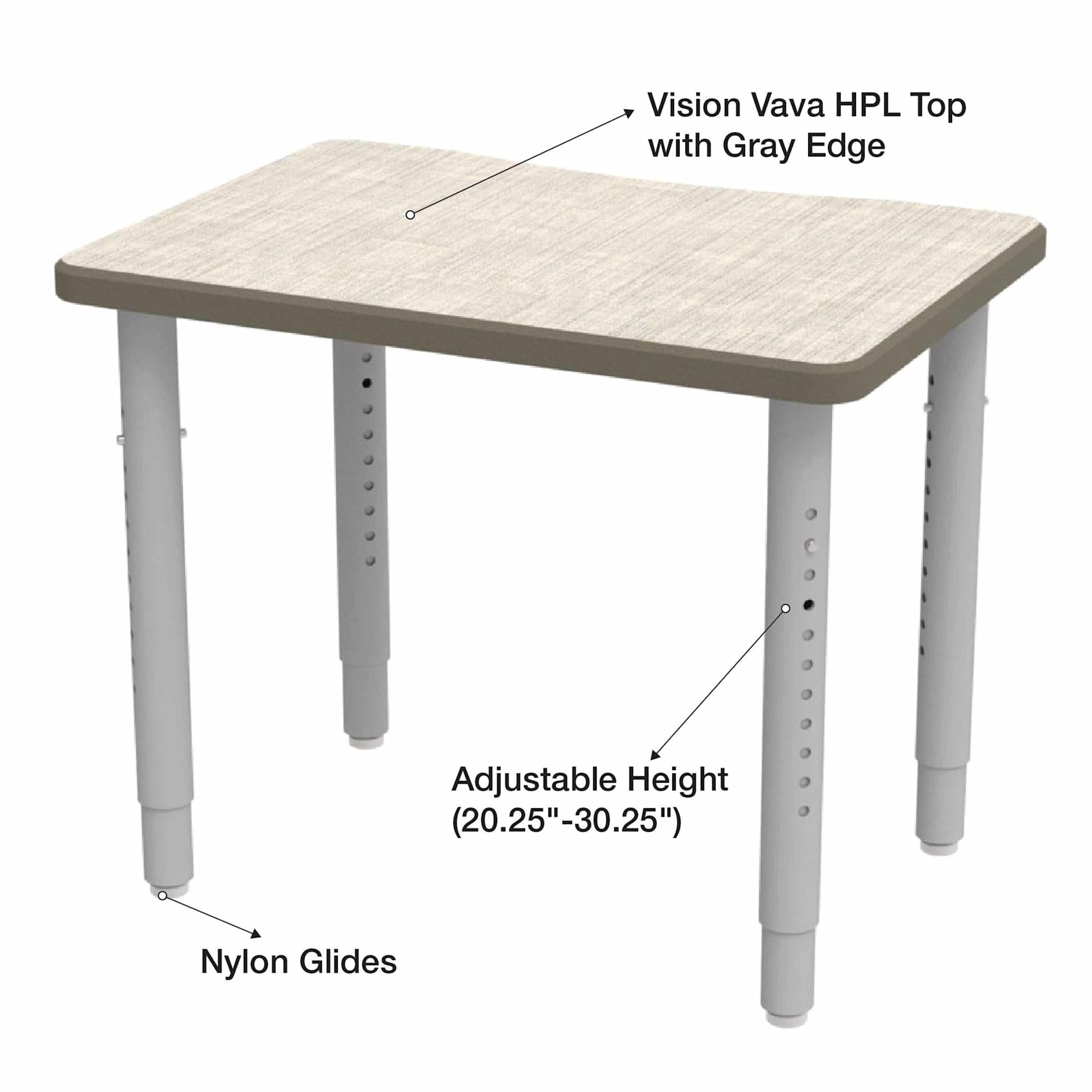 WB Mfg ELO Plymouth II Desk - Vision Vava Top, Medium, with gray edge.  Adjustable height 20.25" x 30.25" and nylon glides.