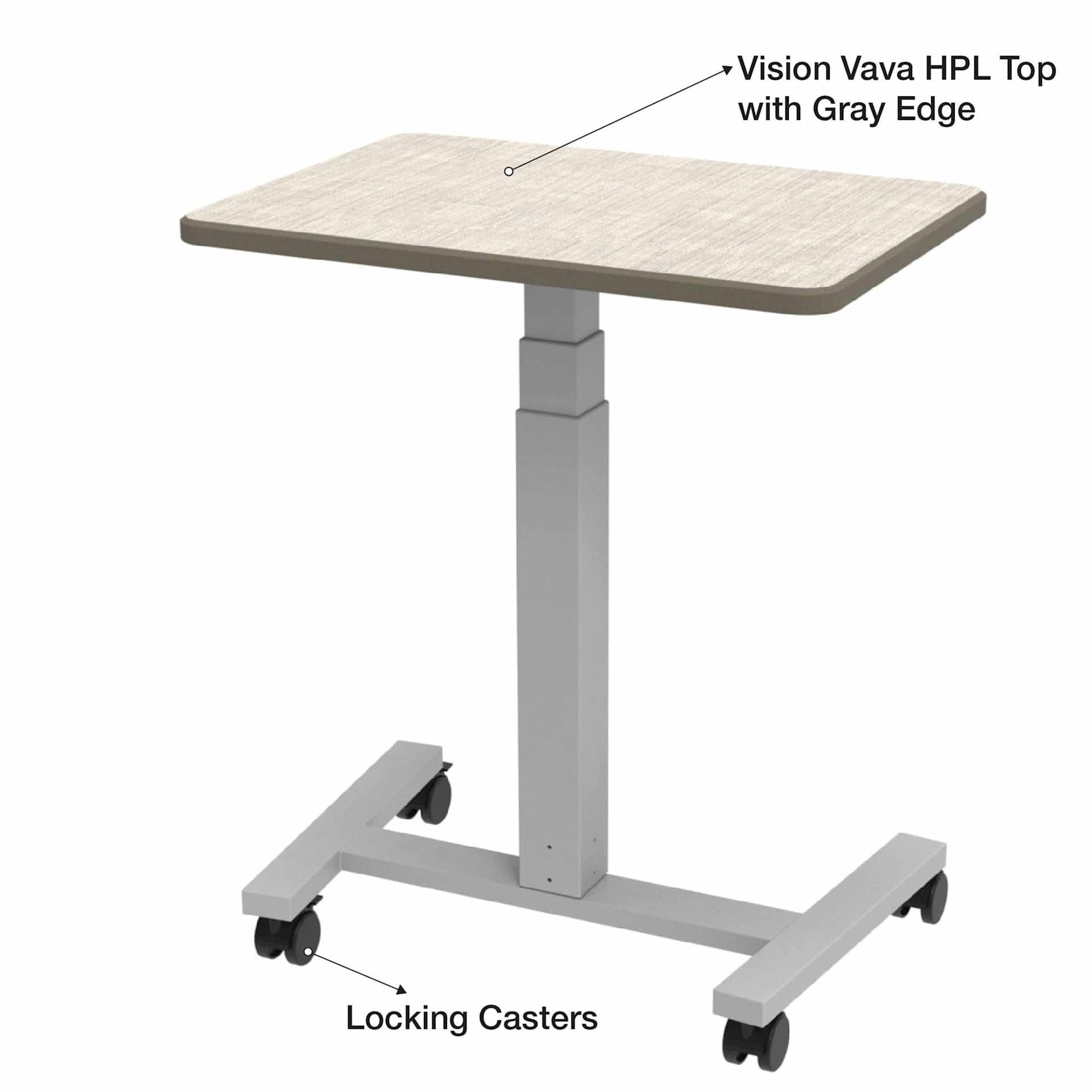 WB Mfg Elevate Plymouth Desk Vision Vava top with gray edge. Locking casters at base.