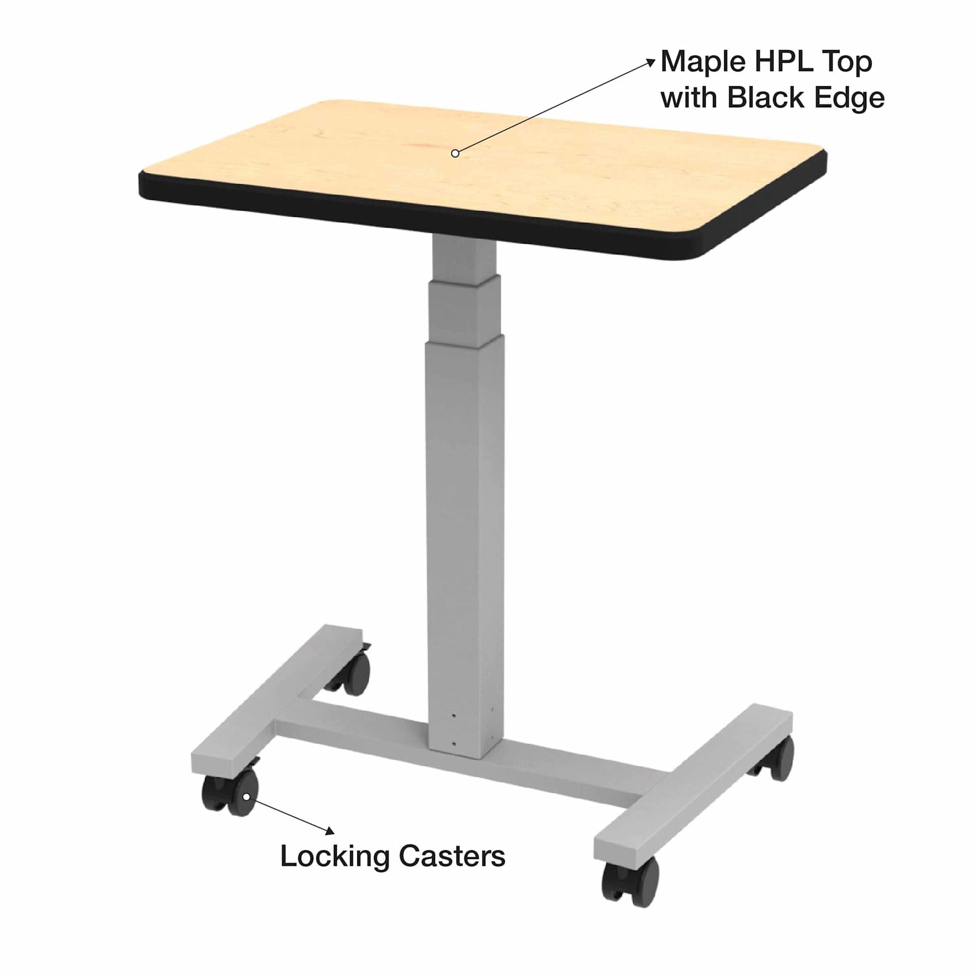 WB Mfg Elevate Plymouth Desk Maple HPL top with black edge. Locking casters at base.