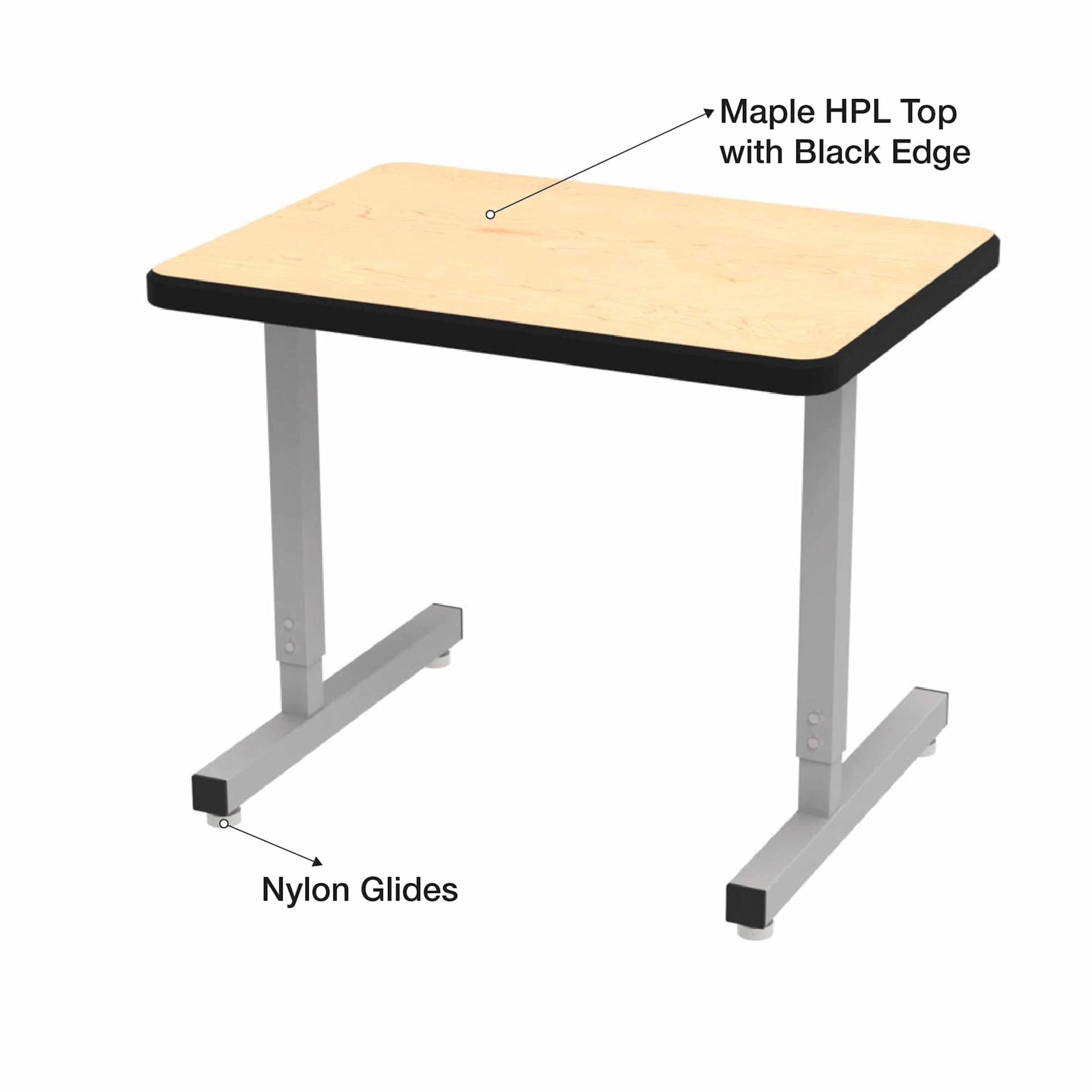 WB Mfg UNE-T Plymouth Desk Maple HPL top with black edge. Nylon glides at base.