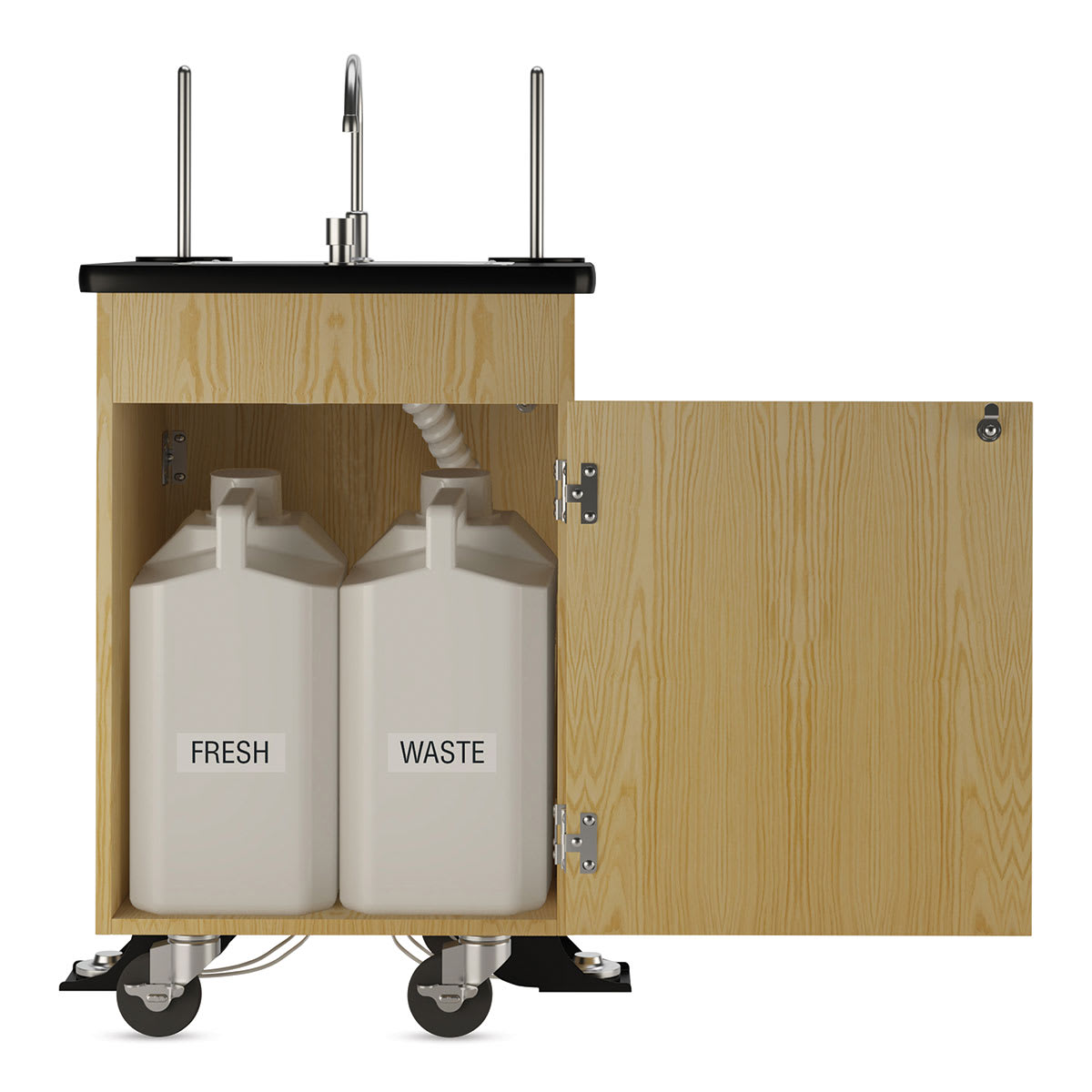 Diversified Spaces Mobile Hand Wash Station - Dual Foot Pump, Oak, 24"W x 24"D x 36"H (Door open, Water tanks shown)