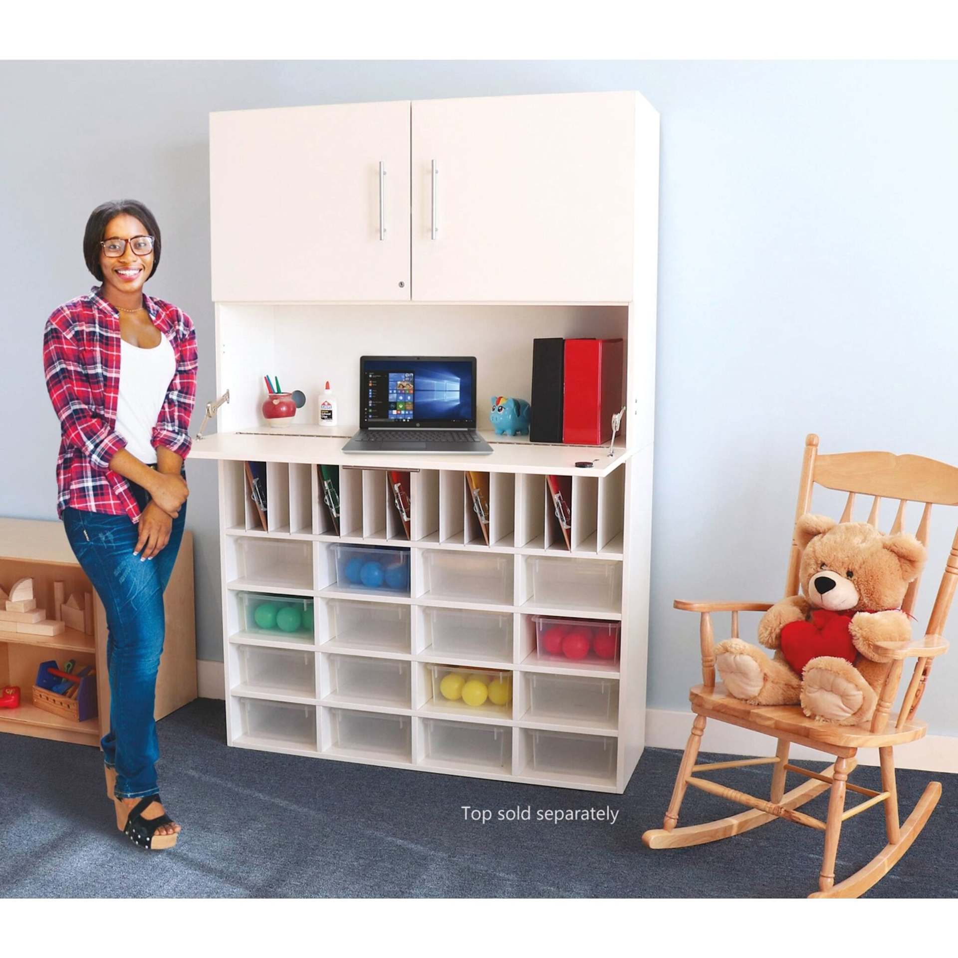 Whitney Brothers White Cubby Organizer Cabinet (Woman next to cabinet)