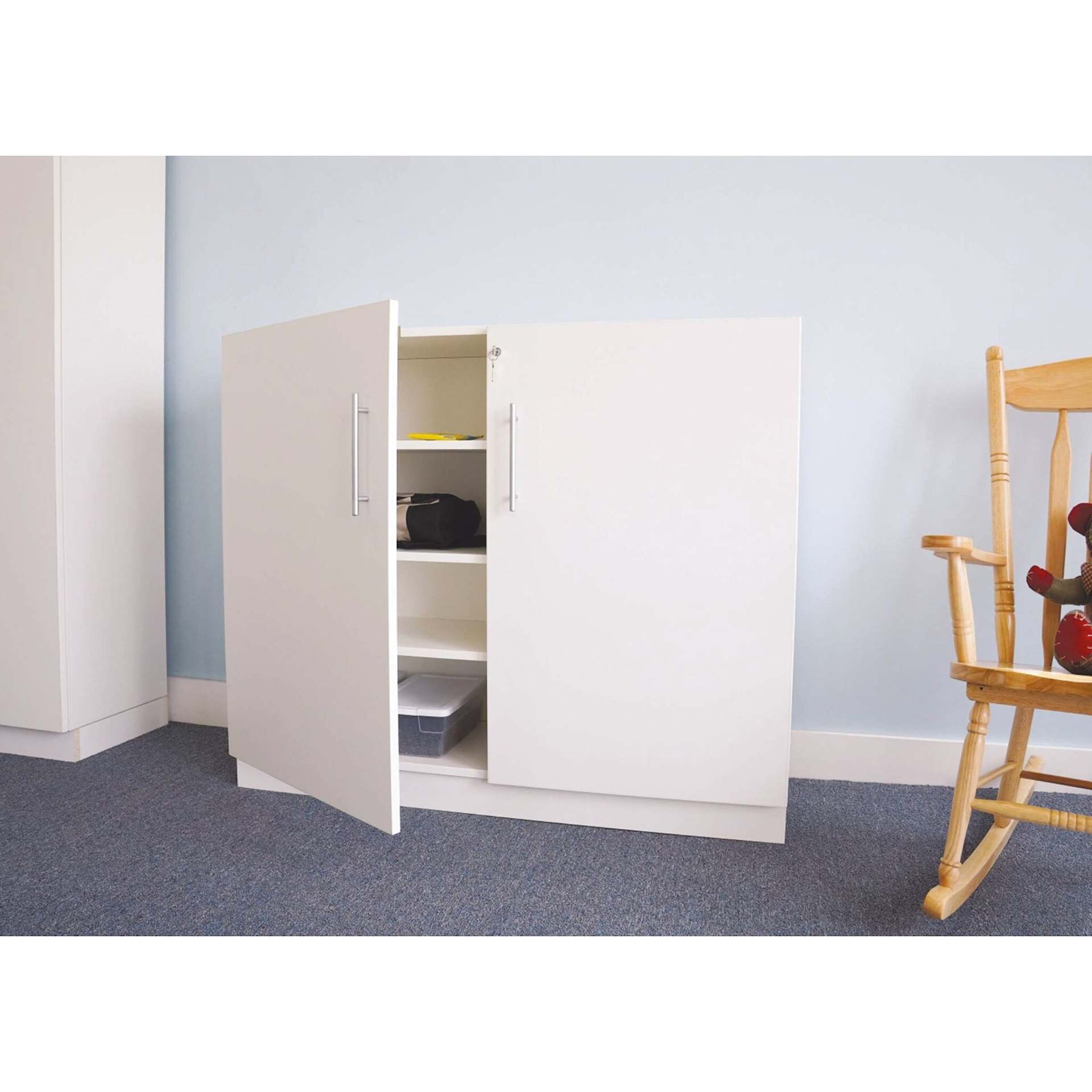 Whitney Brothers White Lockable Wall Cabinet (Cabinet with a door open)