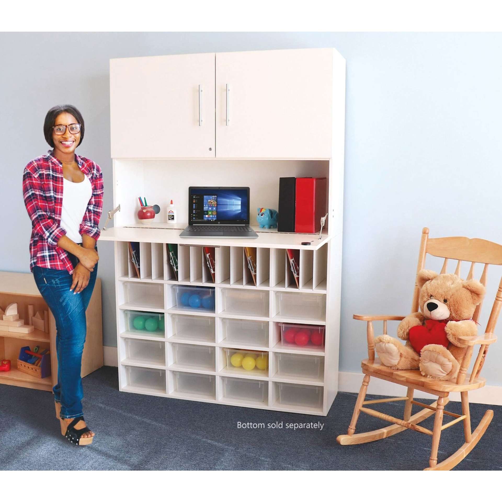 Whitney Brothers White Workstation Cabinet (Woman standing next to workstation cabinet)