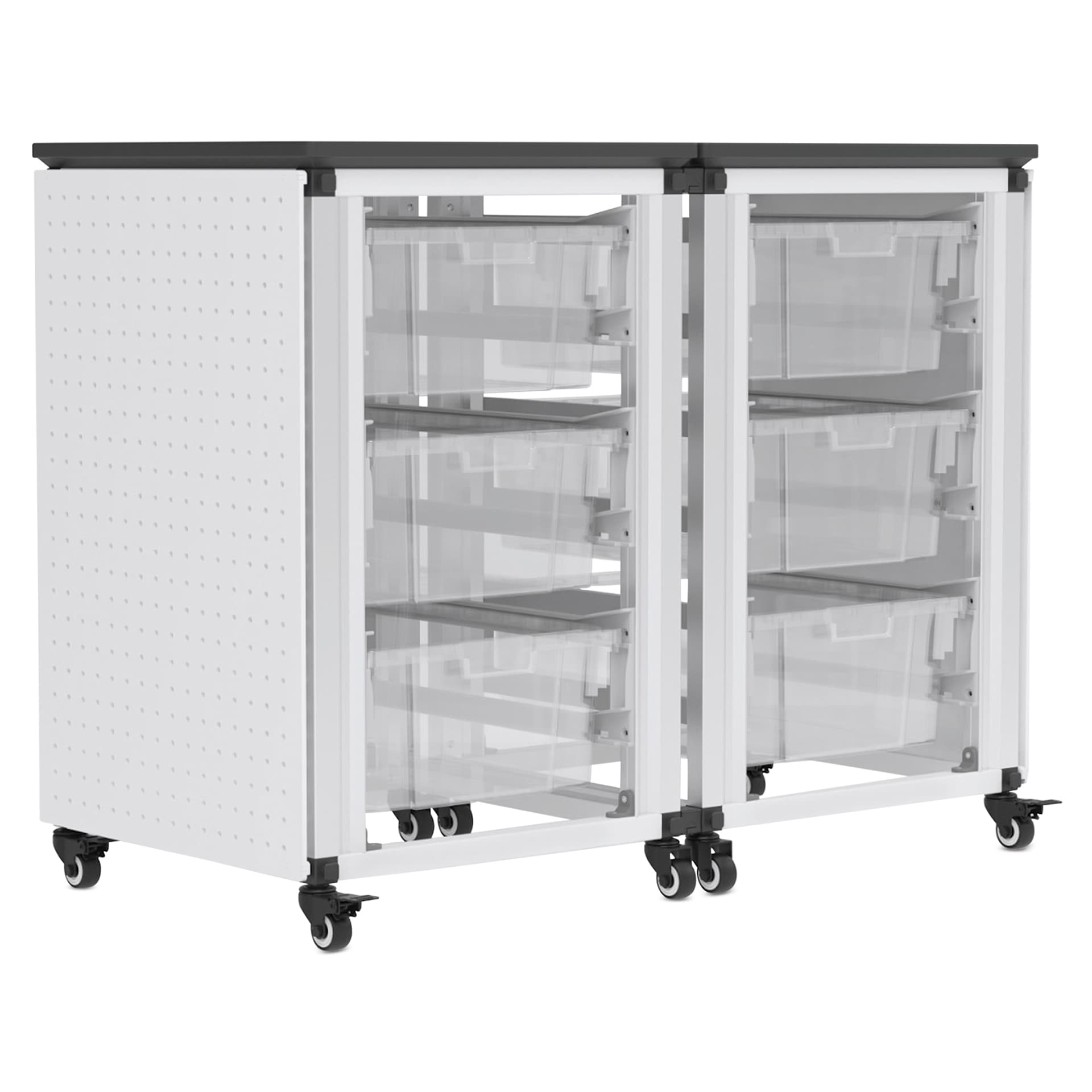 Modular Storage Cabinet, pegboard side of the 2 side-by-side module with 6 large bins. 