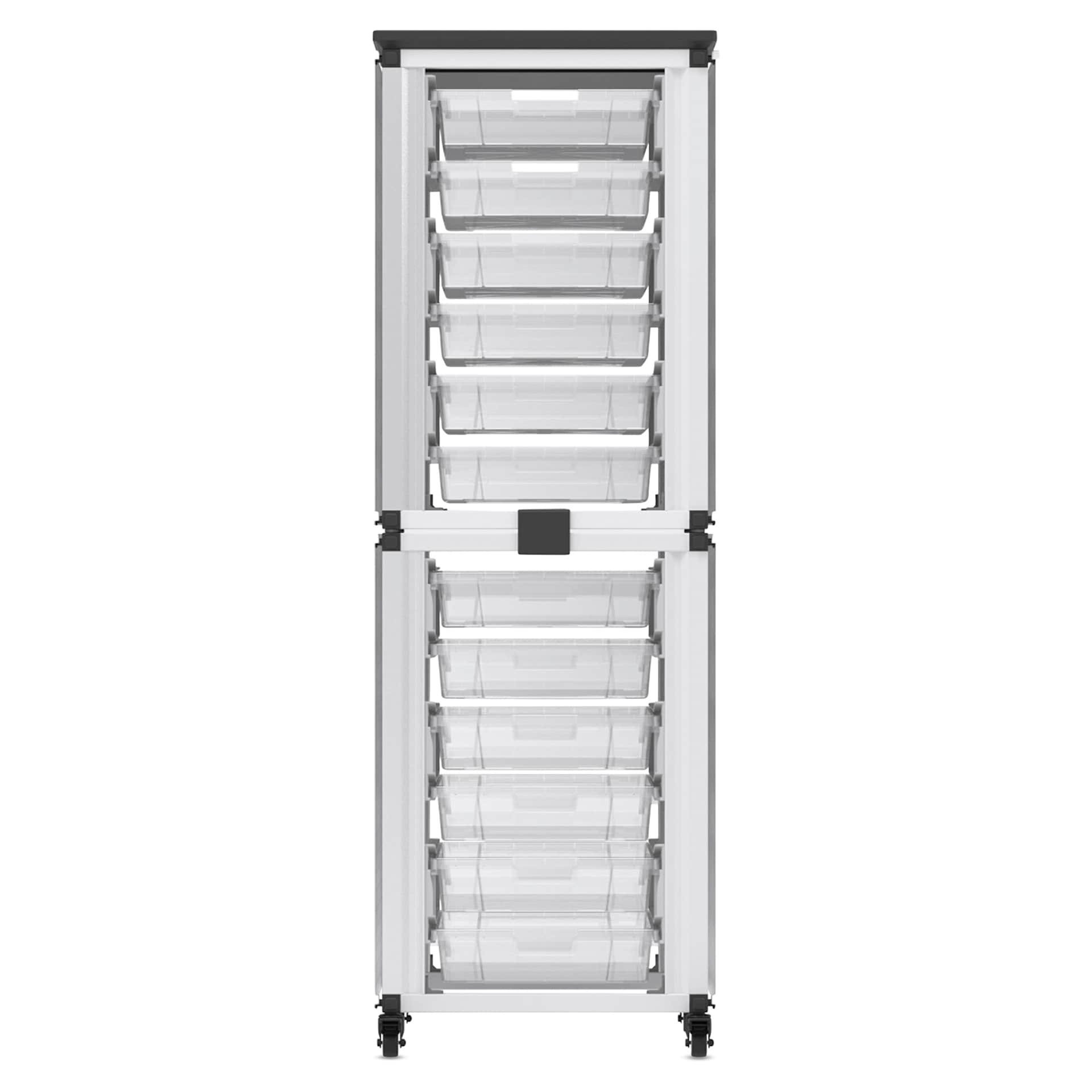 Modular Storage Cabinet, front view of the 2 stacked module with 12 small bins.