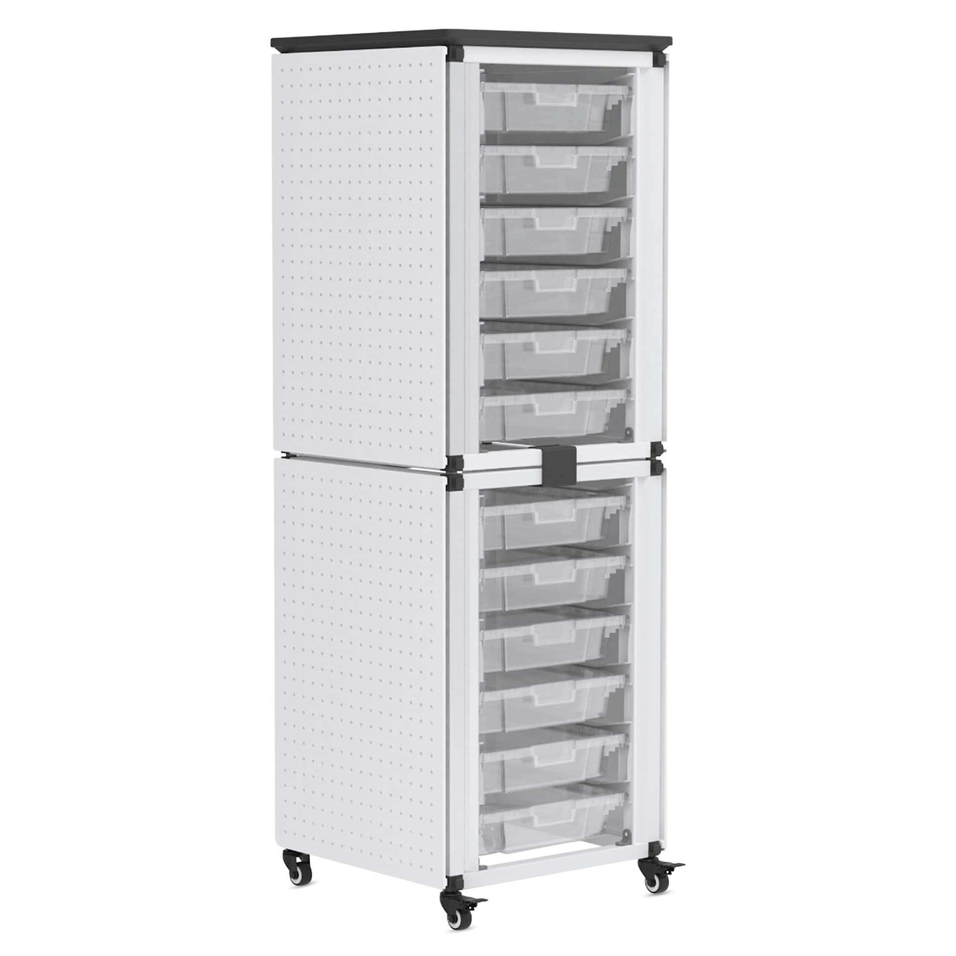 Modular Storage Cabinet, pegboard side of the 2 stacked module with 12 small bins.