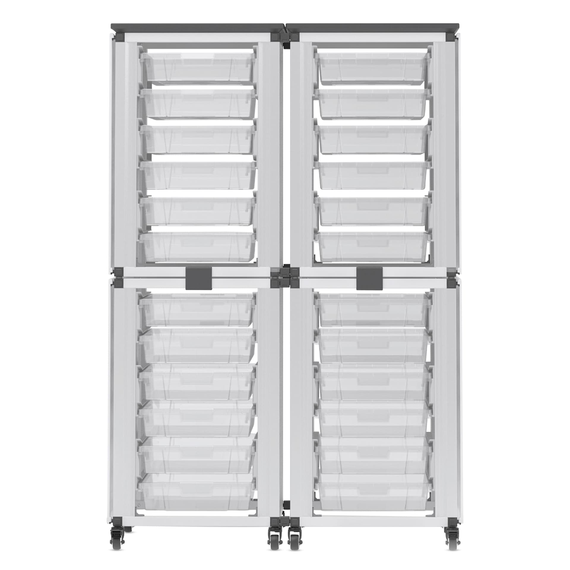 Modular Storage Cabinet, front view of the 4 stacked module with 24 small bins.