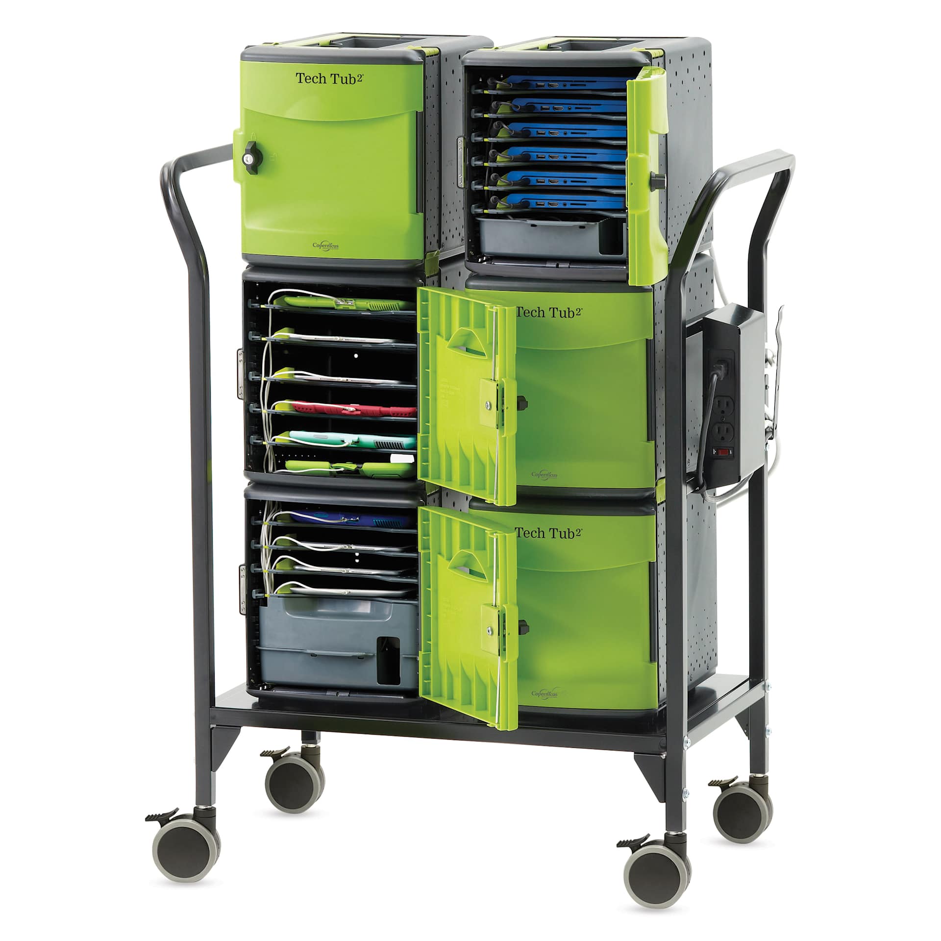 Copernicus Tech Tub2 Modular Charging & Storage Cart - 32-Device Cart, door open on tech tubs