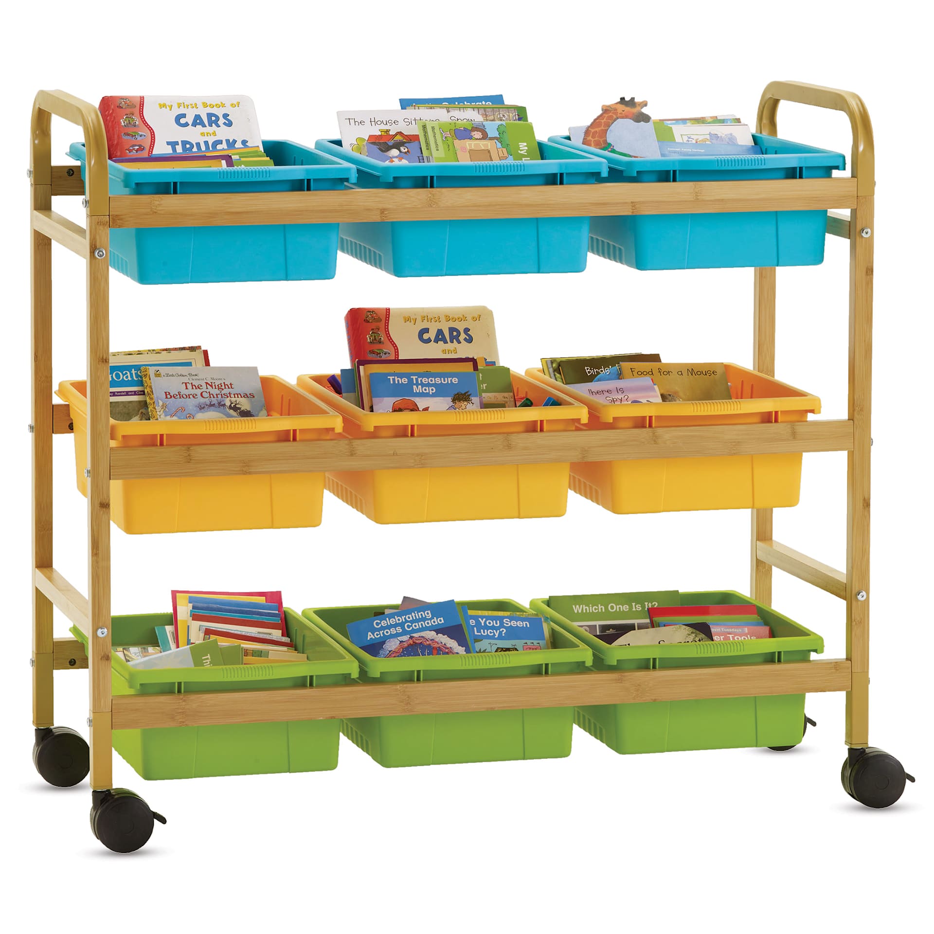 Copernicus Bamboo Book Browser Cart - Vibrant Cool, 9 Bins, front