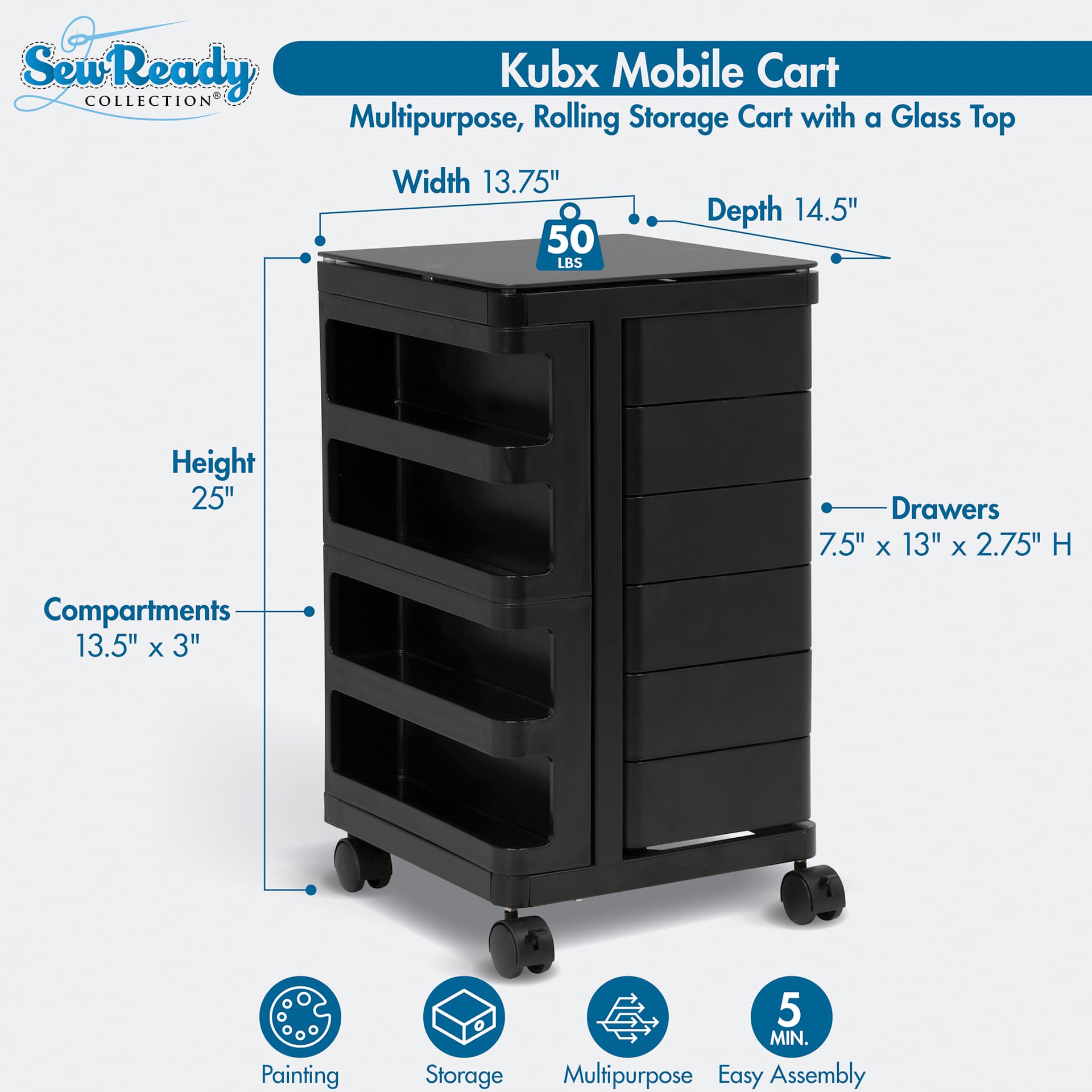 Multipurpose, Rolling Storage Cart with a Glass Top. Height 25". Width 13.75" Depth 14.5" Compartments 13.5" x 3". Drawers 7.5" x 13" x 2.75" H. 50 lbs. Painting. Storage. Multipurpose. 5 min, easy assembly.