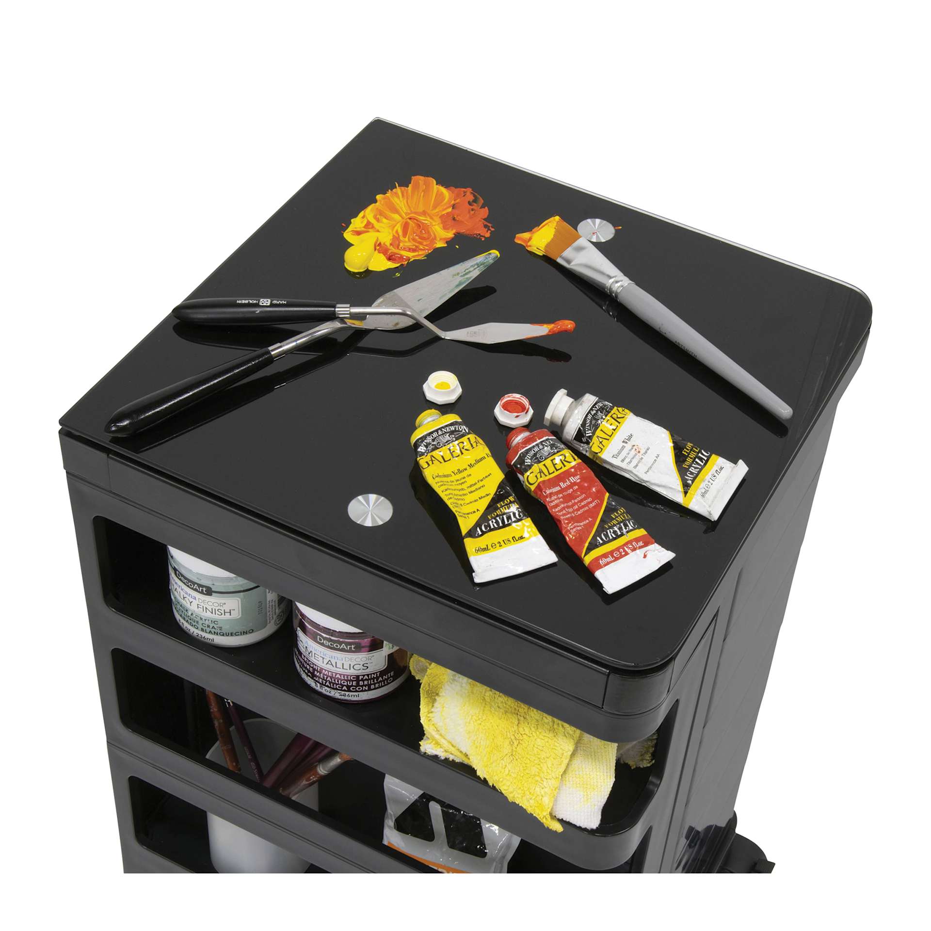 Studio Designs Kubx Cart - Black, mixing paint on glass top next to art supplies (not included)