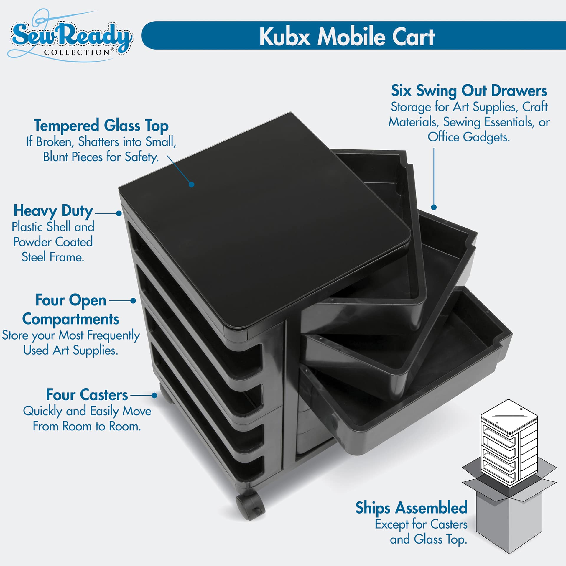Mobile cart features: tempered glass top, heavy duty plastic shell and powder coated steel frame, four open compartments, four casters, and six swing out drawers.