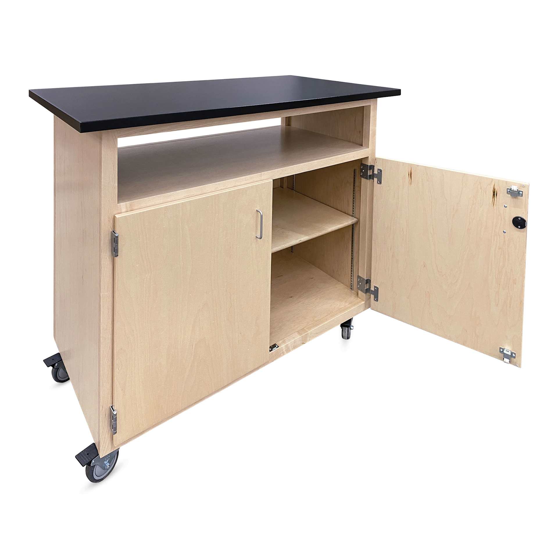Hann Mobile Project Support Cabinet - Natural, Reach-Through Shelf with door open