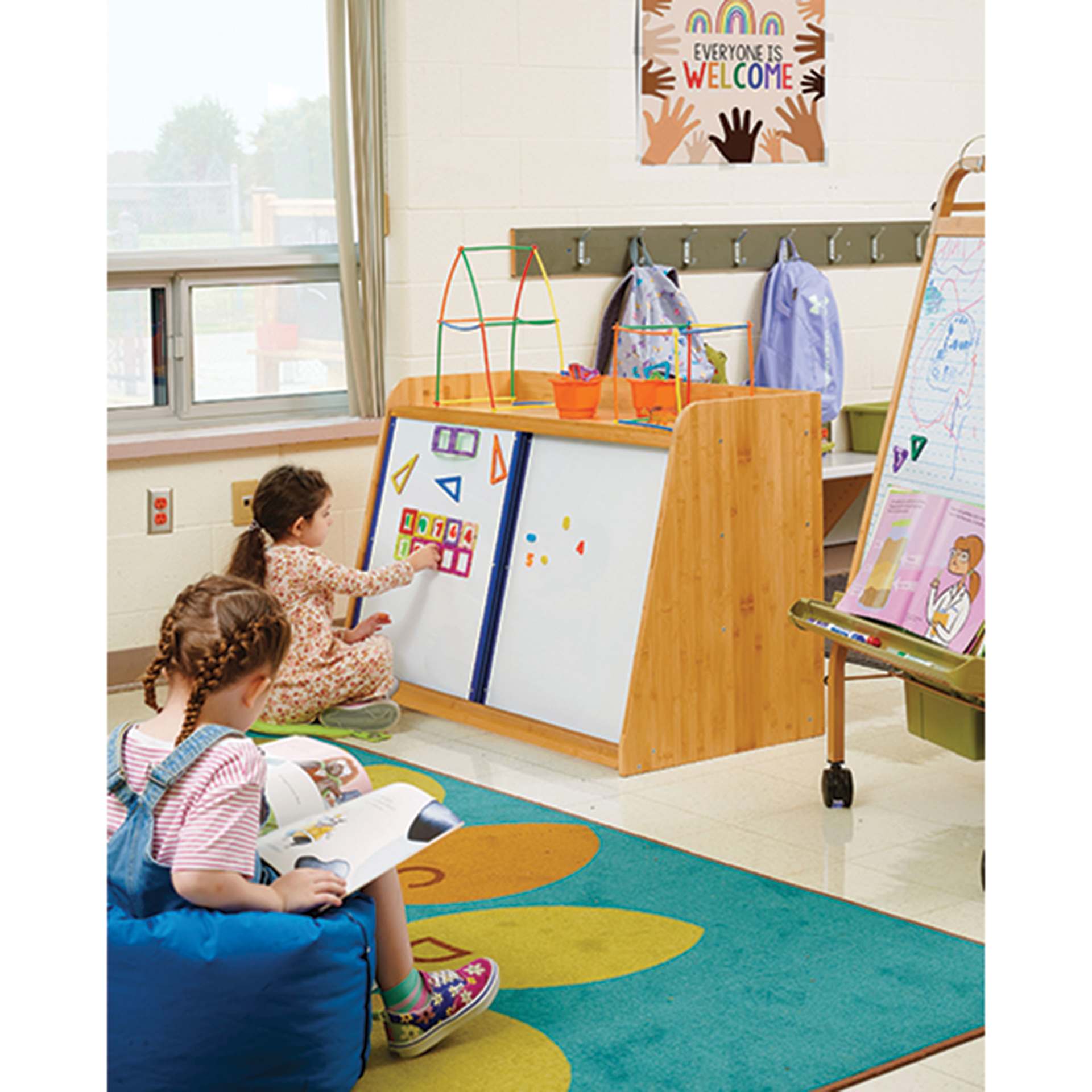 Copernicus Bamboo Write and Store Shelf - 2 Whiteboards, child placing magnets on top (not included)