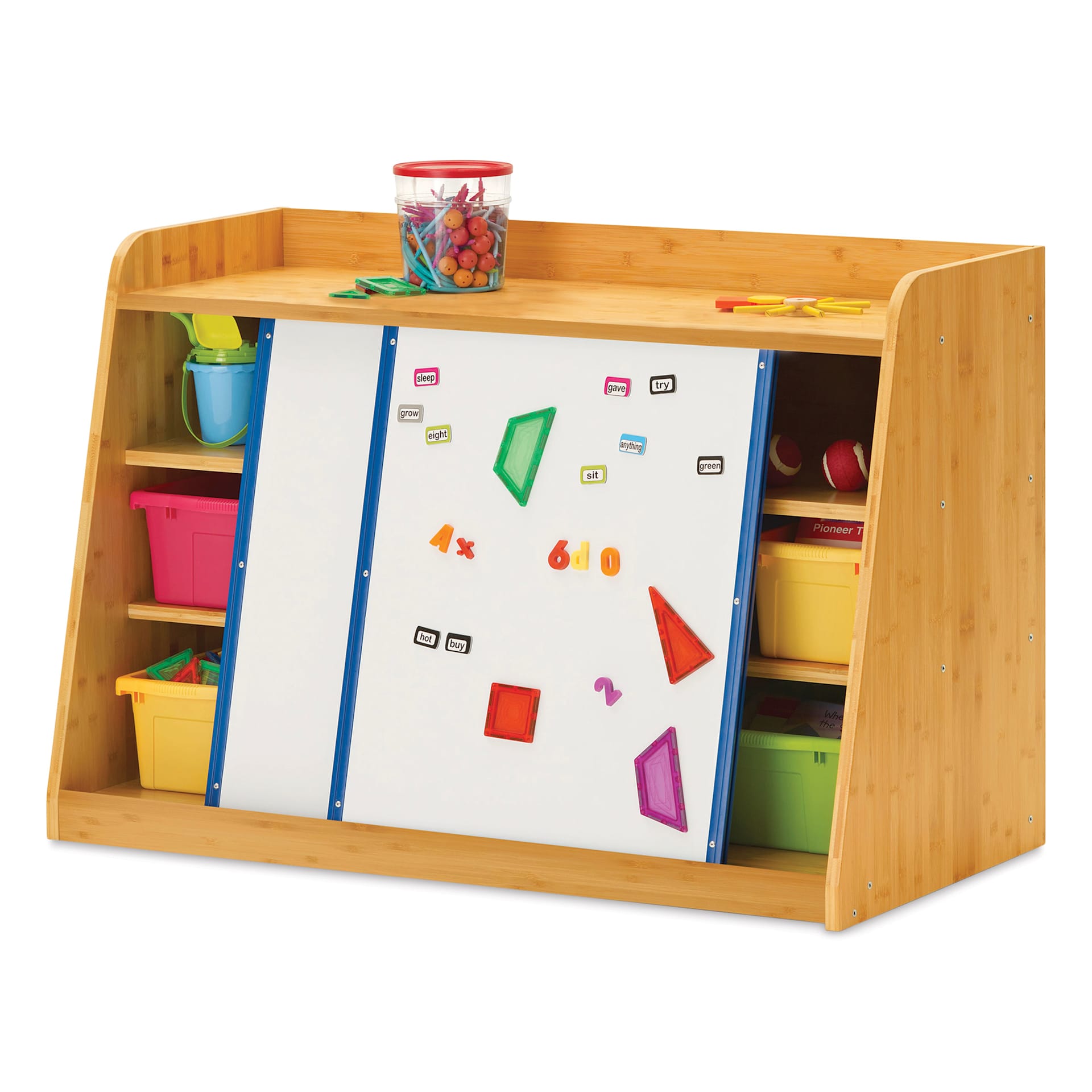 Copernicus Bamboo Write and Store Shelf - Two sliding Whiteboards showing shelves and Vibrant Tubes