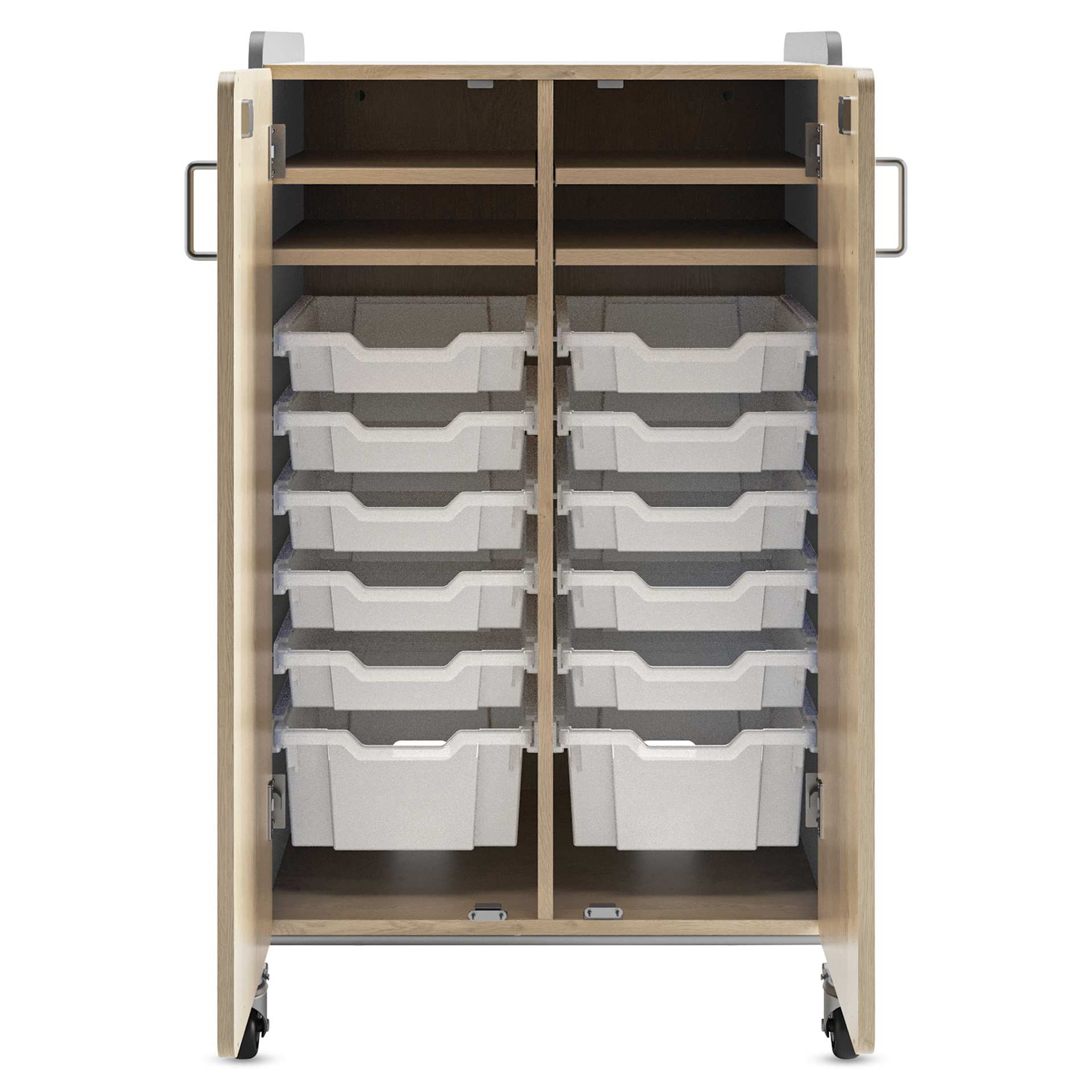 Safco Whiffle Typical 14 Double Storage Cart - Gray, double doors opened showing totes and shelves