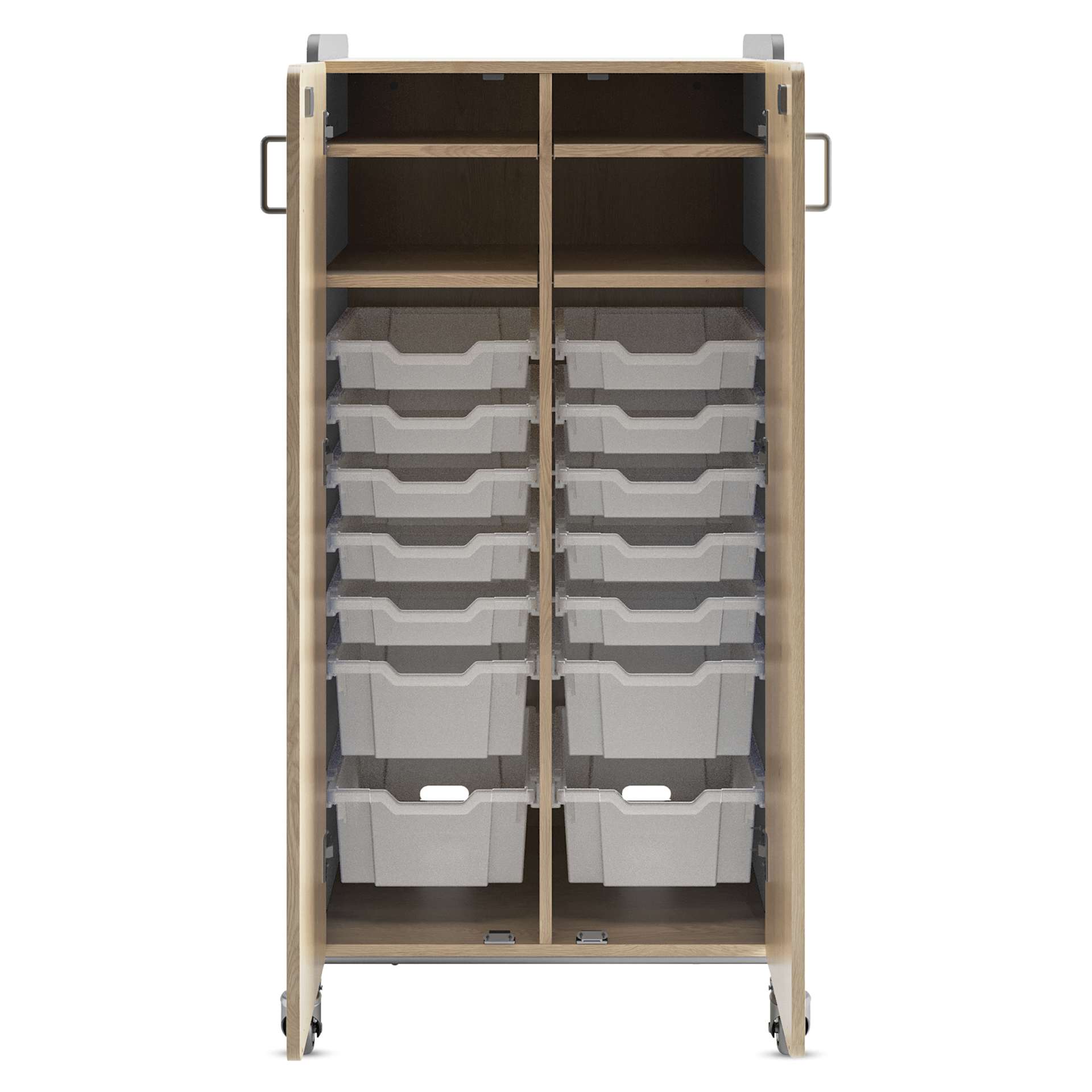 Safco Whiffle Typical 15 Double Storage Cart - Gray, double doors opened showing totes and shelves