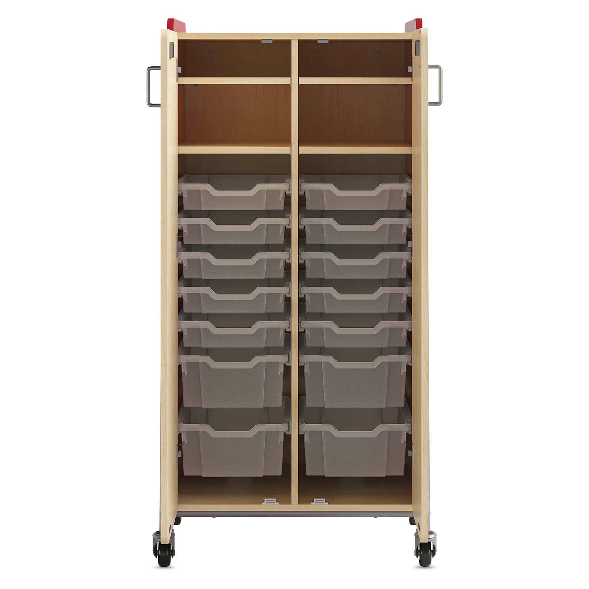 Safco Whiffle Typical 15 Double Storage Cart - Red, double doors opened showing totes and shelves