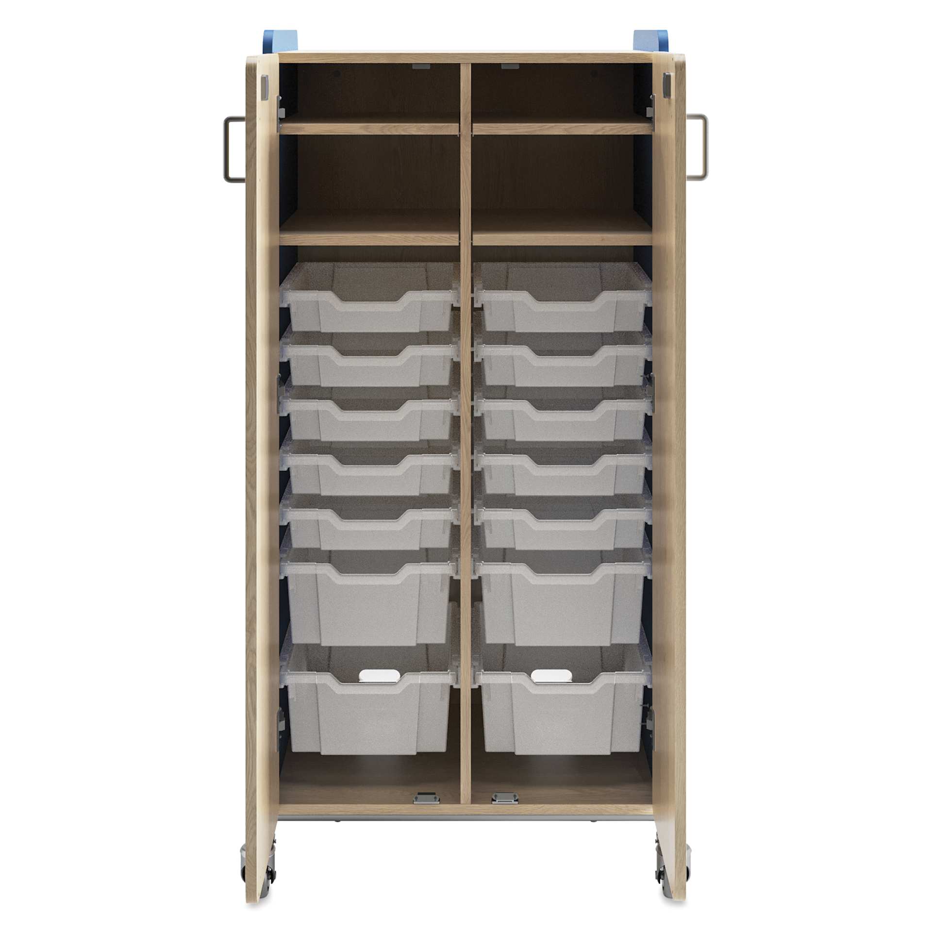 Safco Whiffle Typical 15 Double Storage Cart - Electric Blue, double doors opened showing totes and shelves