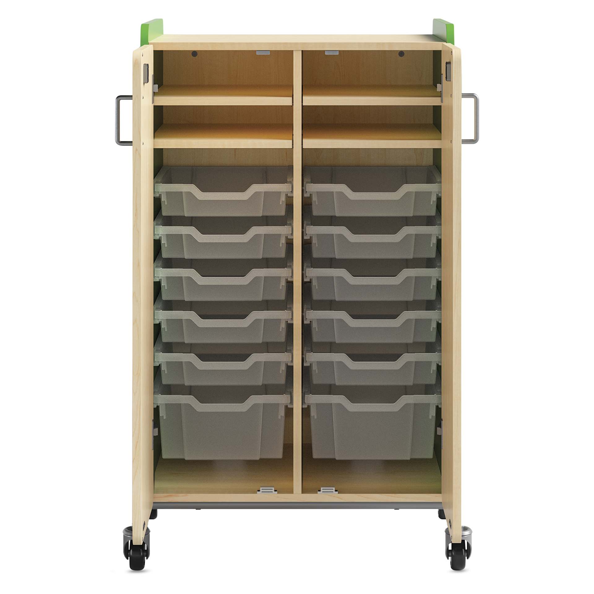 Safco Whiffle Typical 14 Double Storage Cart - Green, double doors opened showing totes and shelves