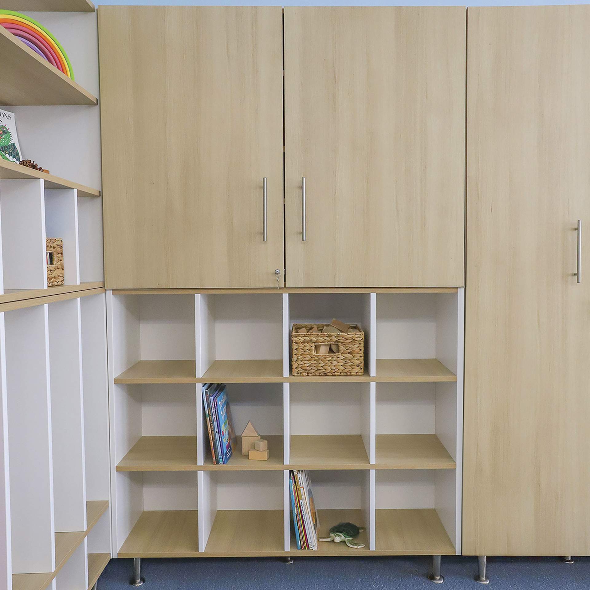 Whitney Brothers ElevatED 12 Cubby Cabinet, inside of a room
